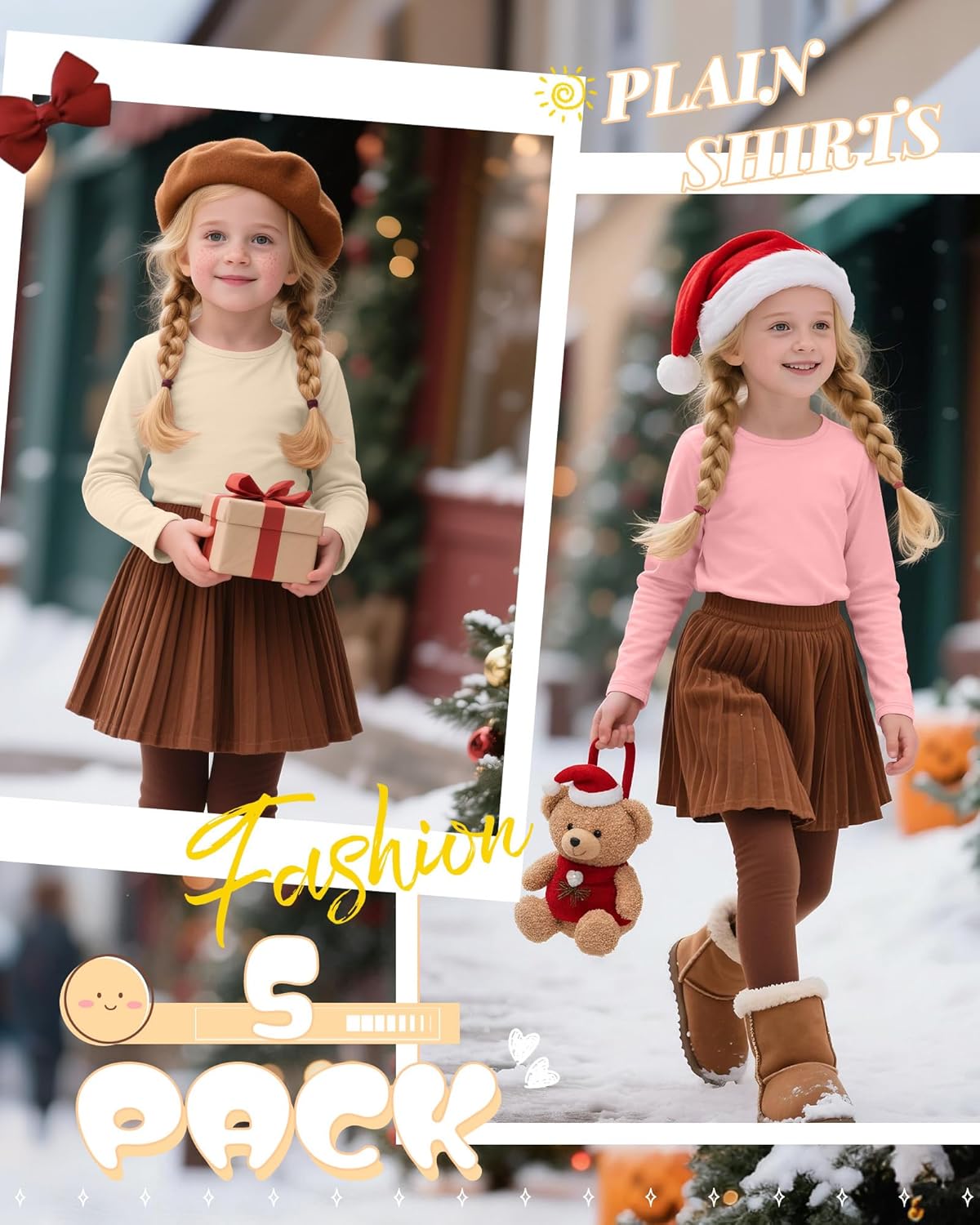 5 Pack Girls' Long Sleeve Thermal Shirts Round Neck Fleece Lined Underwear Casual Basic Tops Winter Base Layer - Image 5