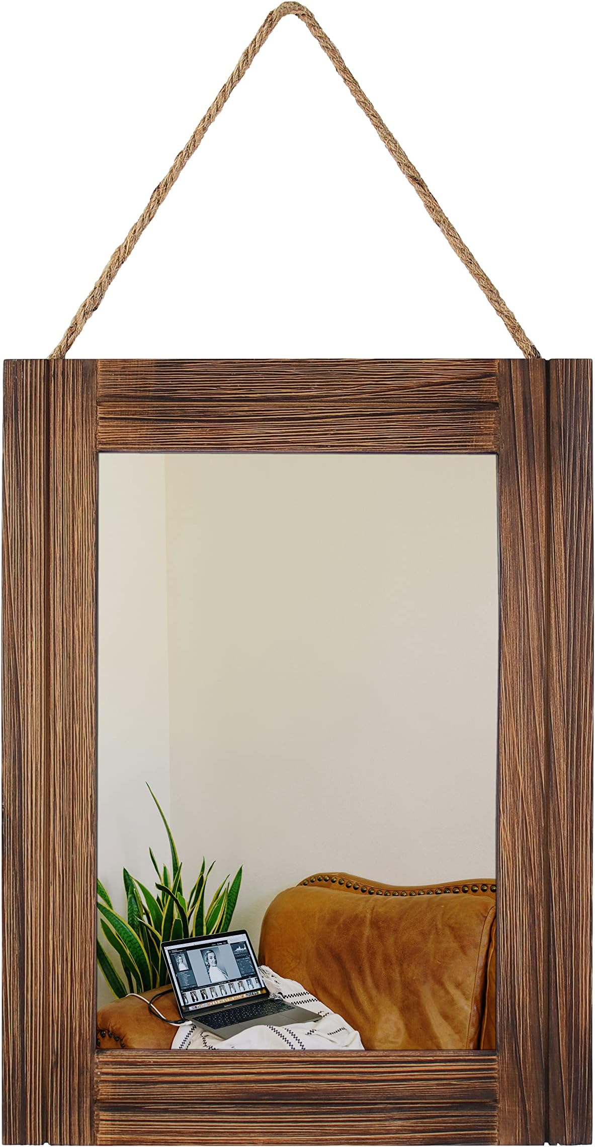 16 X 12 Inch Rustic Wood Framed Wall Mirror with Hanging Rope for Farmhouse Decor, for Entryway, Bedroom, Bathroom, Dresser, Brown
