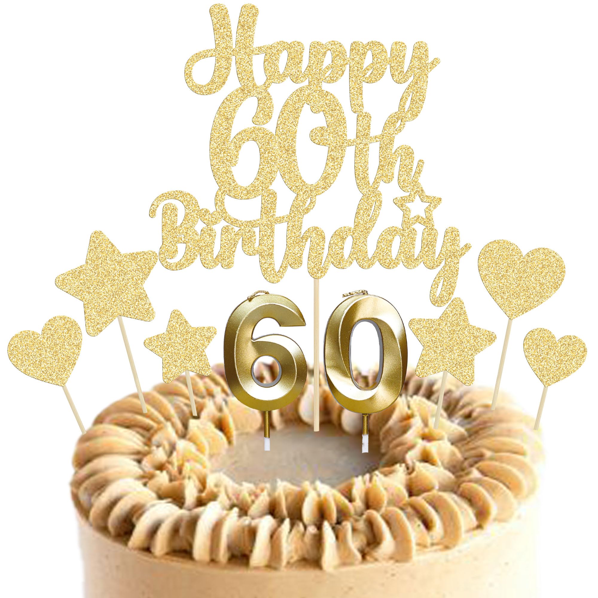 Gyufise 15Pcs Happy 60th Birthday Cake Topper Set with Heart Star Glitter Cheers to 60 Years Cake Picks Number 60 Candles Cake Decorations for Happy 60th Birthday Anniversary Party Supplies Gold