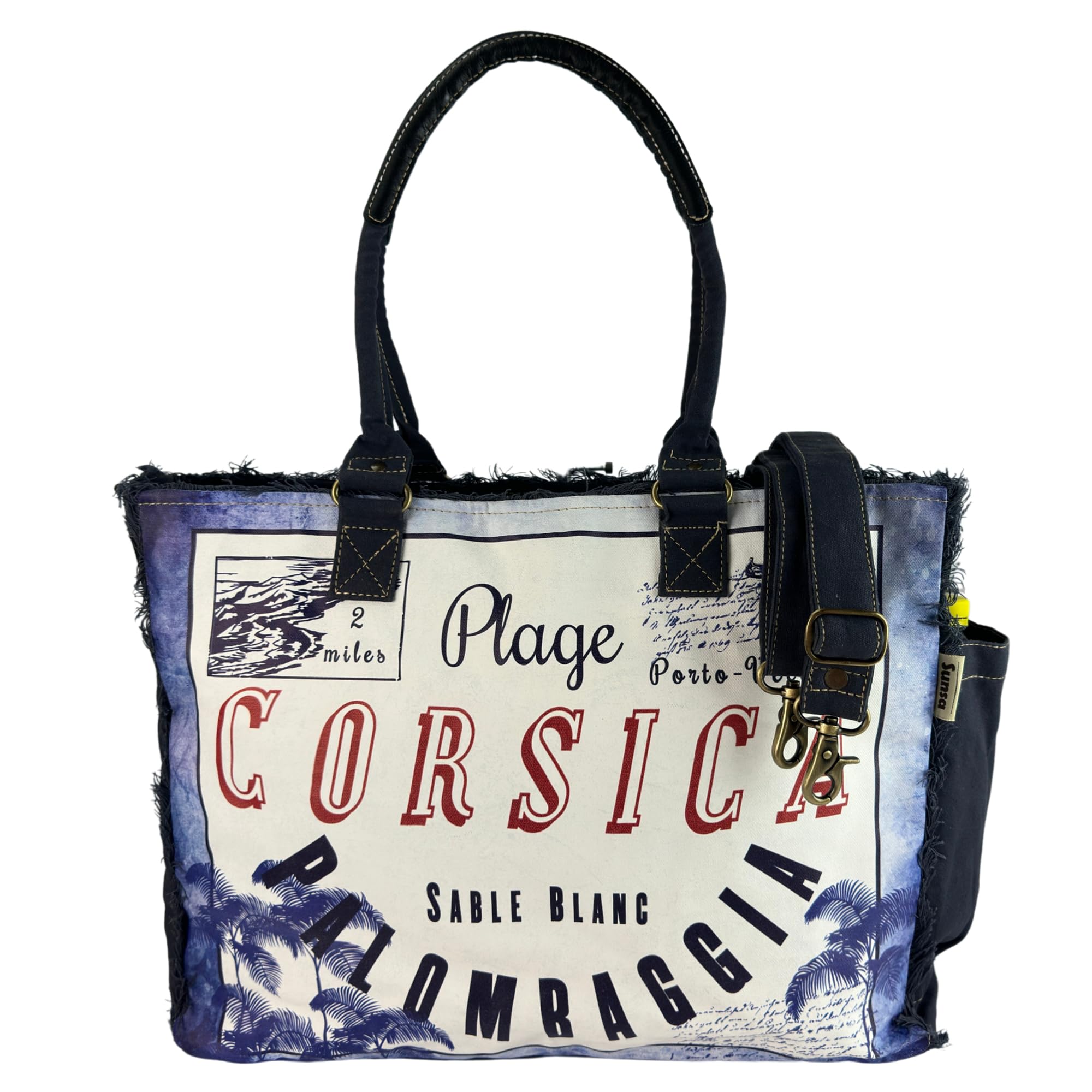 Sunsa XXL Handtasche. Vintage Schultertasche. Weekender Canvas & Leder blau