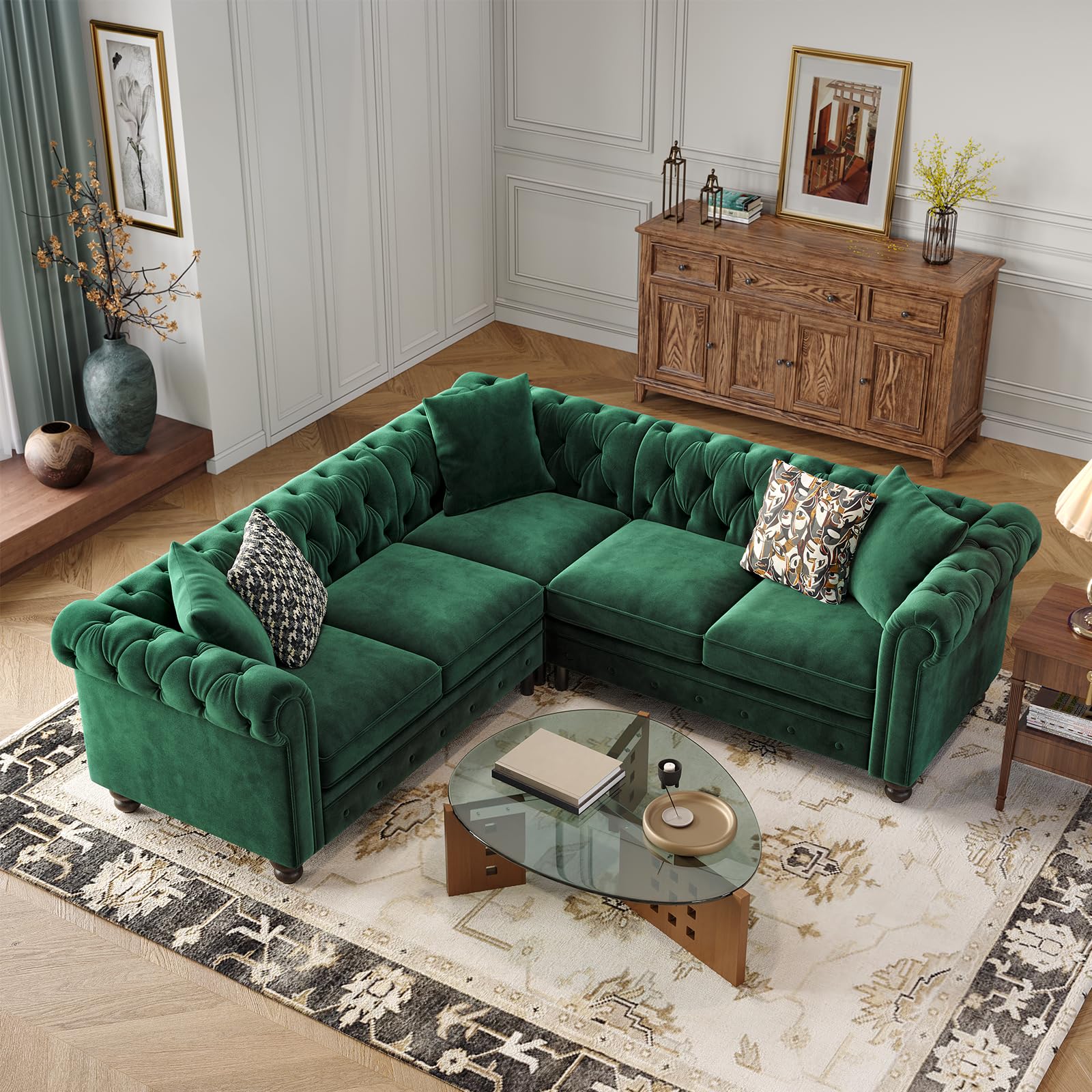 Velvet Chesterfield Sofa, L Shaped Sectional Sofa with Tufted Back & Rolled Arms, 3 Throw Pillows, Small Corner Sectional Couch for Living Room, Apartment, Green