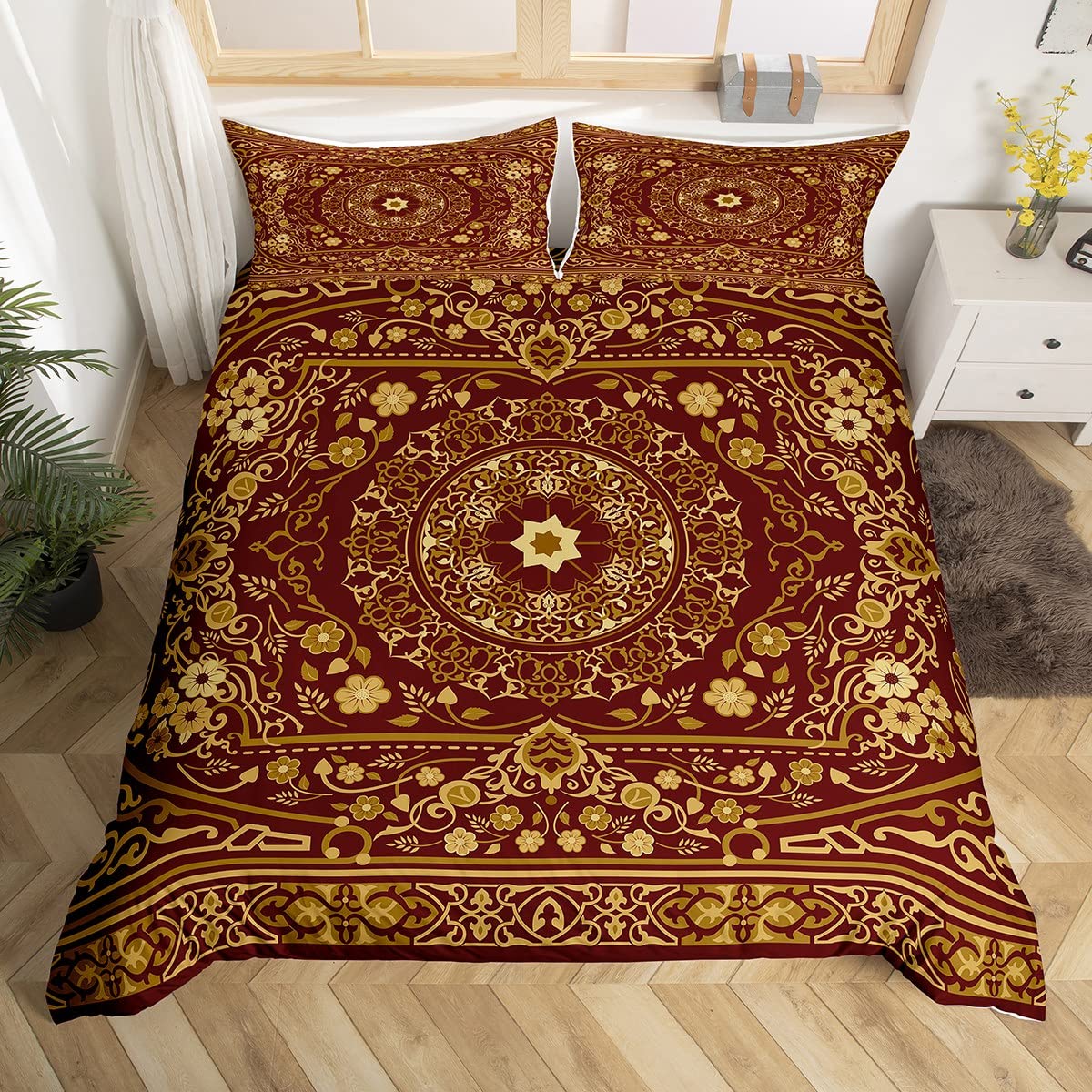 Homewish Retro Floral Duvet Cover King Tribal Exotic Bedding Set Boho Antique Fashion Retro Red Yellow Comforter Cover Vintage Bohemian Bedroom Decor Fashion Quilt Cover For Women Men