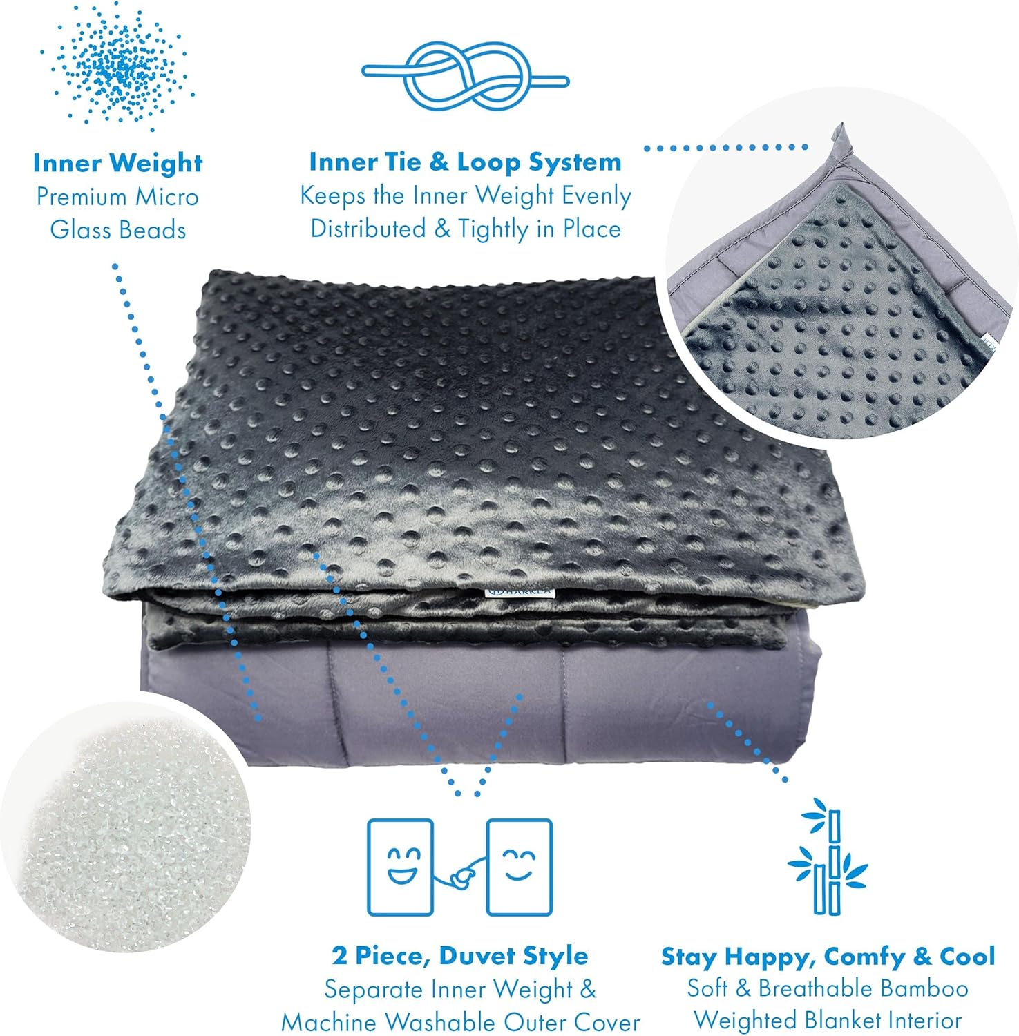 Harkla Kids Weighted Blanket - 7lb Cooling Weighted Blanket for Kids - Washable Minky Cover with Glass Beads - Rayon Made from Bamboo - Designed for Sensory Support (40-70lb) - Gray