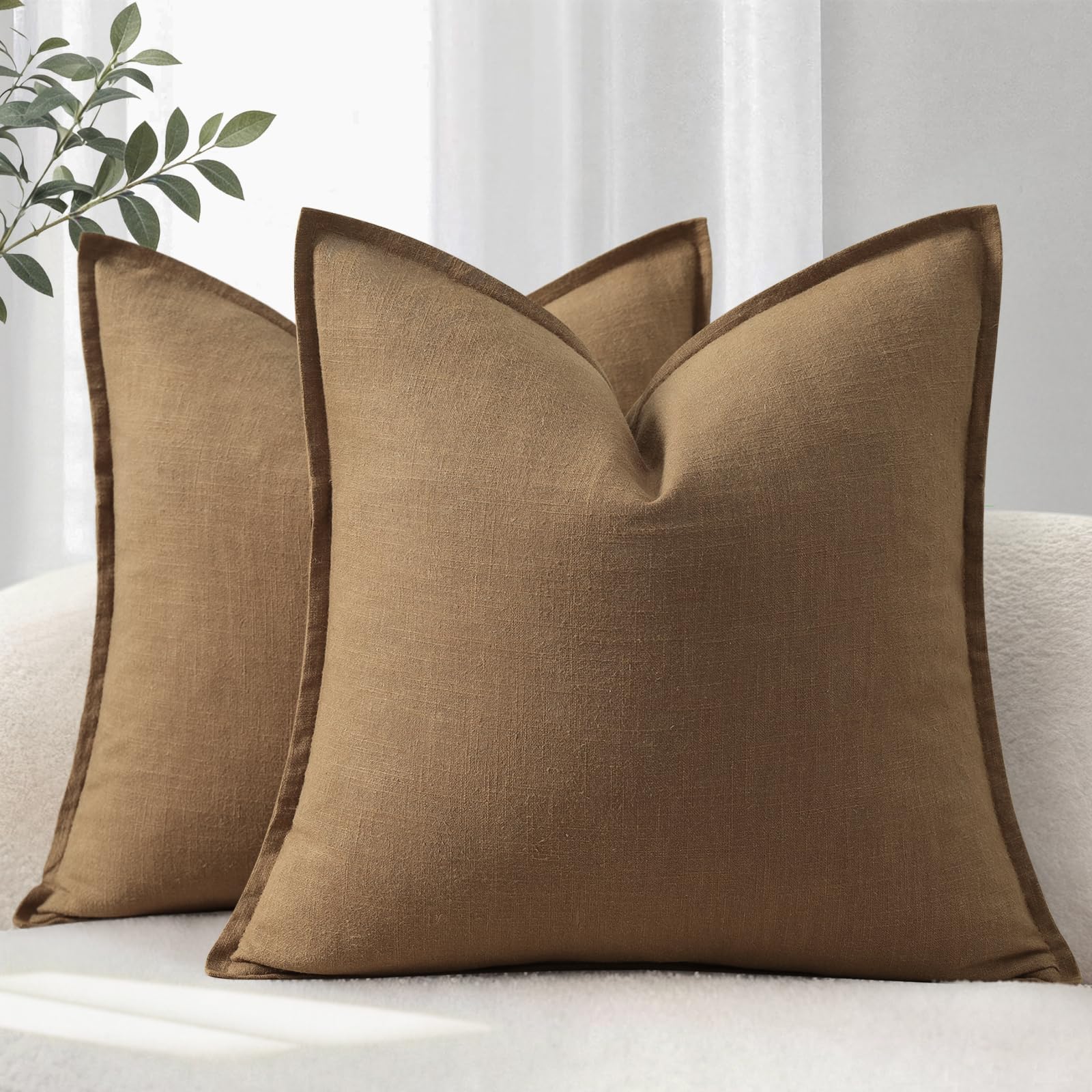 YCOLL Cushion Covers 50x50 cm Set of 2 – Soft Natural Linen Cushions with Trim, Solid Colour Decorative Cushion Cover for Sofa, Couch, Bed and Living Room, Coco Brown — image 1
