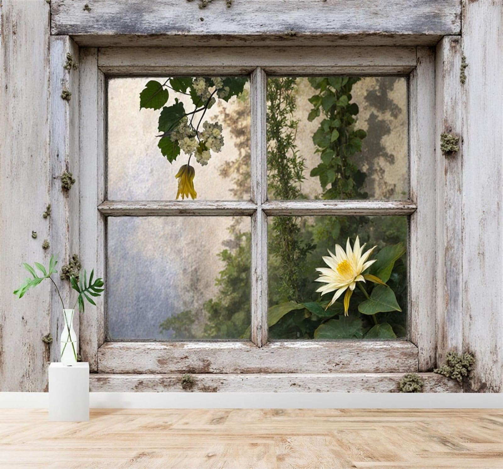 Xlming 430Cm×300Cm(B×H) 3D Wallpaper Minimalist Vintage Window Yellow Flowers Green Leaves