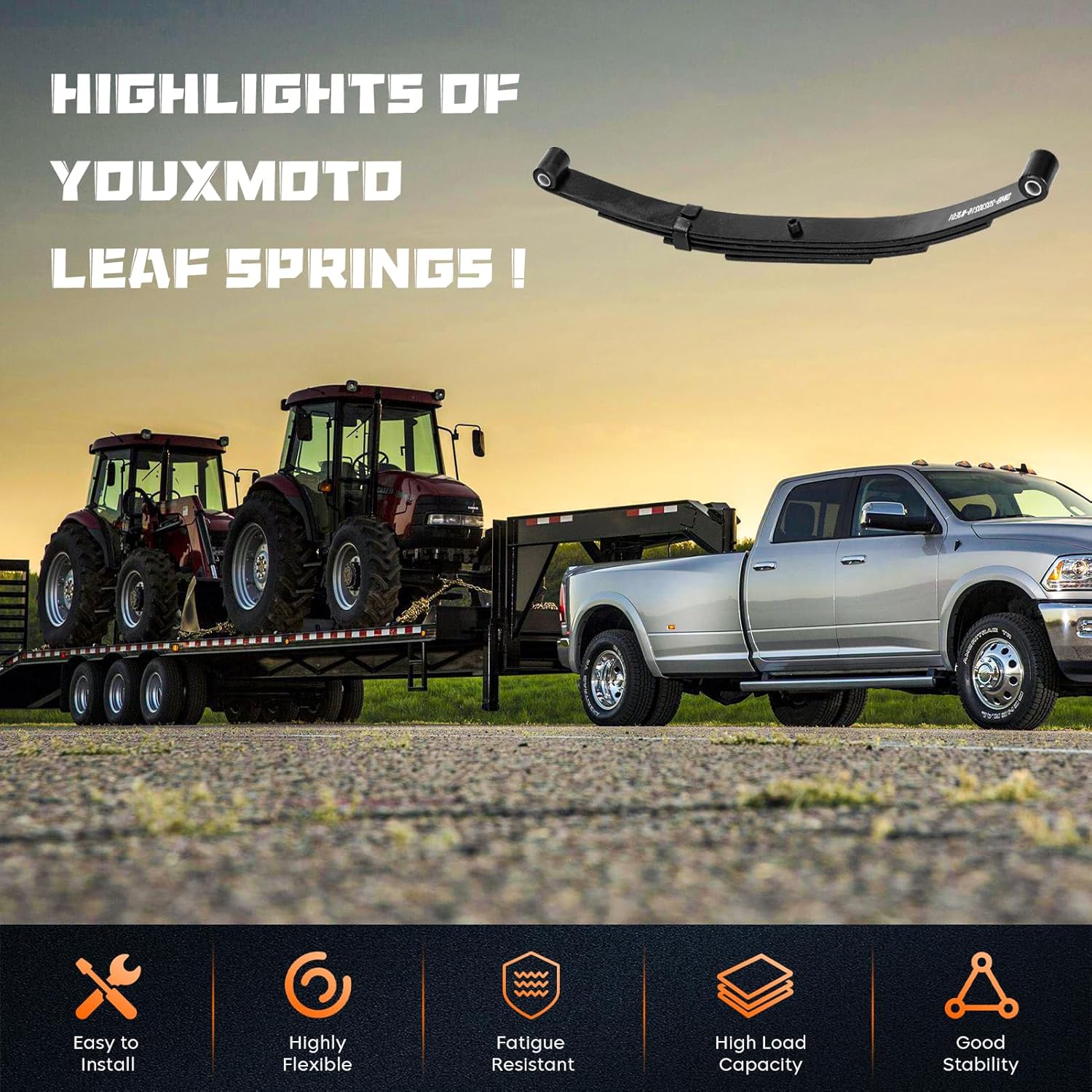 Youxmoto Single Trailer Leaf Spring 4 Leaf 1750 lbs, for 3500lb Single Trailer Axle Suspension Kit, with U-Bolt & Hanger Kit; Double Eyes 25-1/4" L, 1-3/4" Width, 9/16 Eye I.D