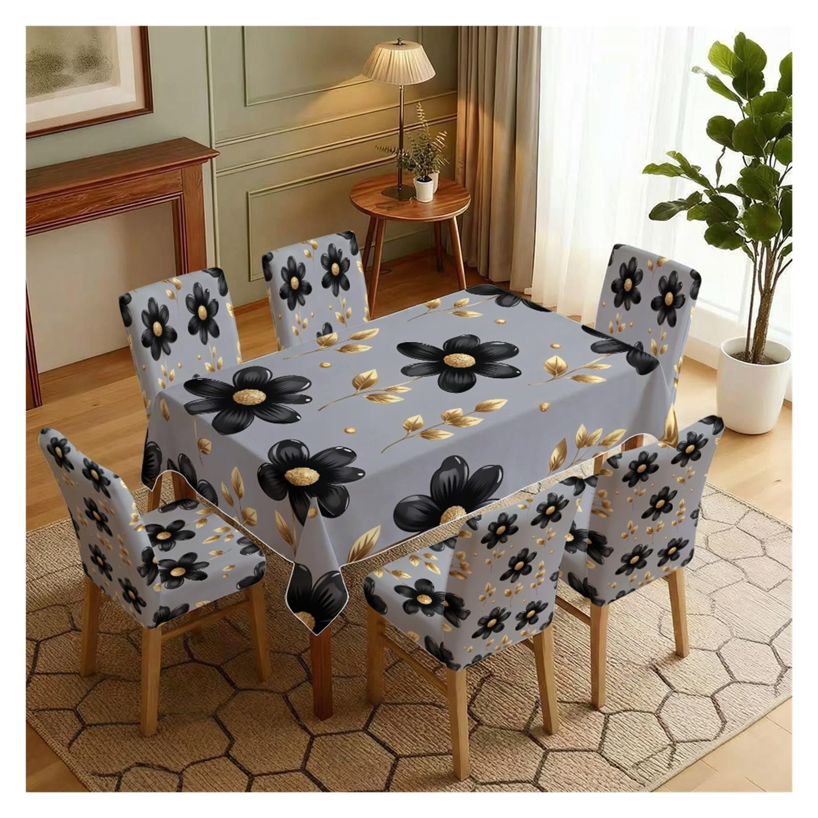 KXUAUV Stretch Dining Chair Slipcover & Tablecloth Set, Light Gray Black Golden Floral Print, 5/7 Pack, Luxury Elegant Home Decor Party Decor(7pcs Set: Tablecloth+Chair Covers)
