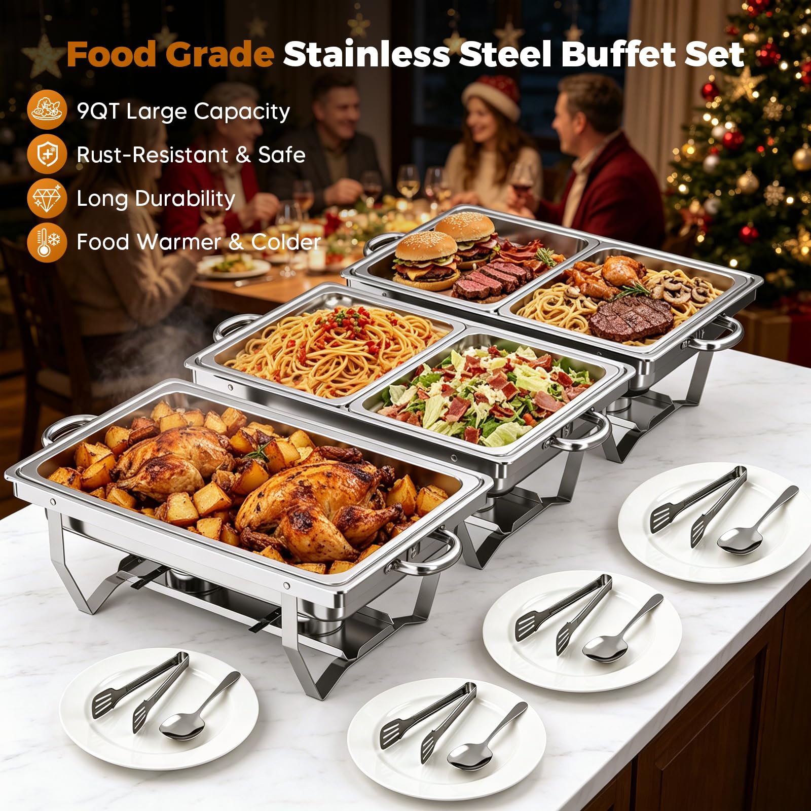 Chafing Dish Buffet Set 9L, 4pcs Edelstahl Warmhaltebehälter mit Deckel Lebensmittelpfannen und Brennstoffhaltern, Speisenwärmer für Catering, Buffet und Party Speisenwärmer