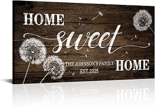 iLOOKLiKE Personalized Home Sweet Home Sign Wall Art Brown Farmhouse Decor Custom Family Name with Dandelion Canvas Painting Print Home Quotes Poster Housewarming Gifts