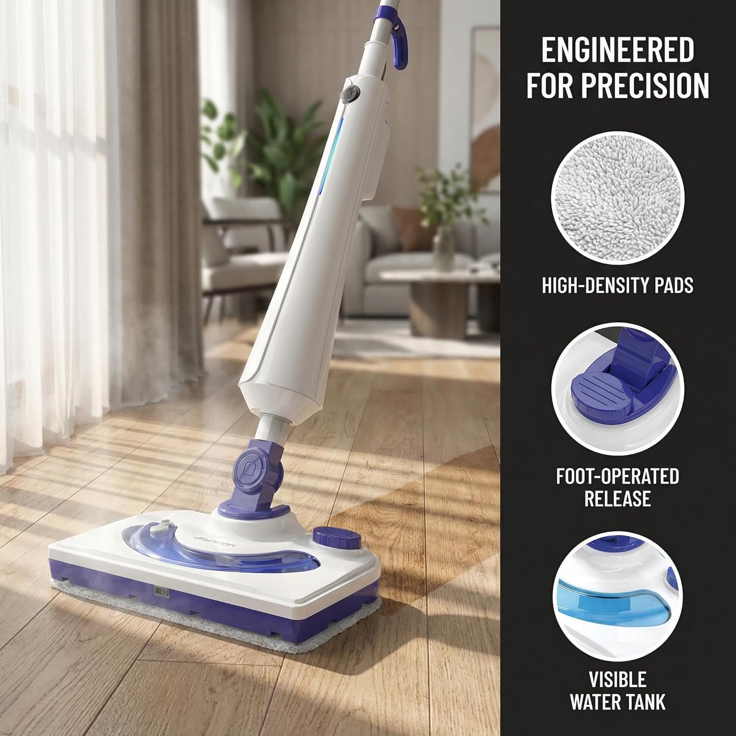 Professional Steam Mop Cleaner,1300W Floor Steamer with Detergent Chamber,25S Heat Up, Lightweight Steamer for Cleaning with 2 Washable Pads,Safe for Tiles,Upholstery, Carpet, Hardwood, Azure