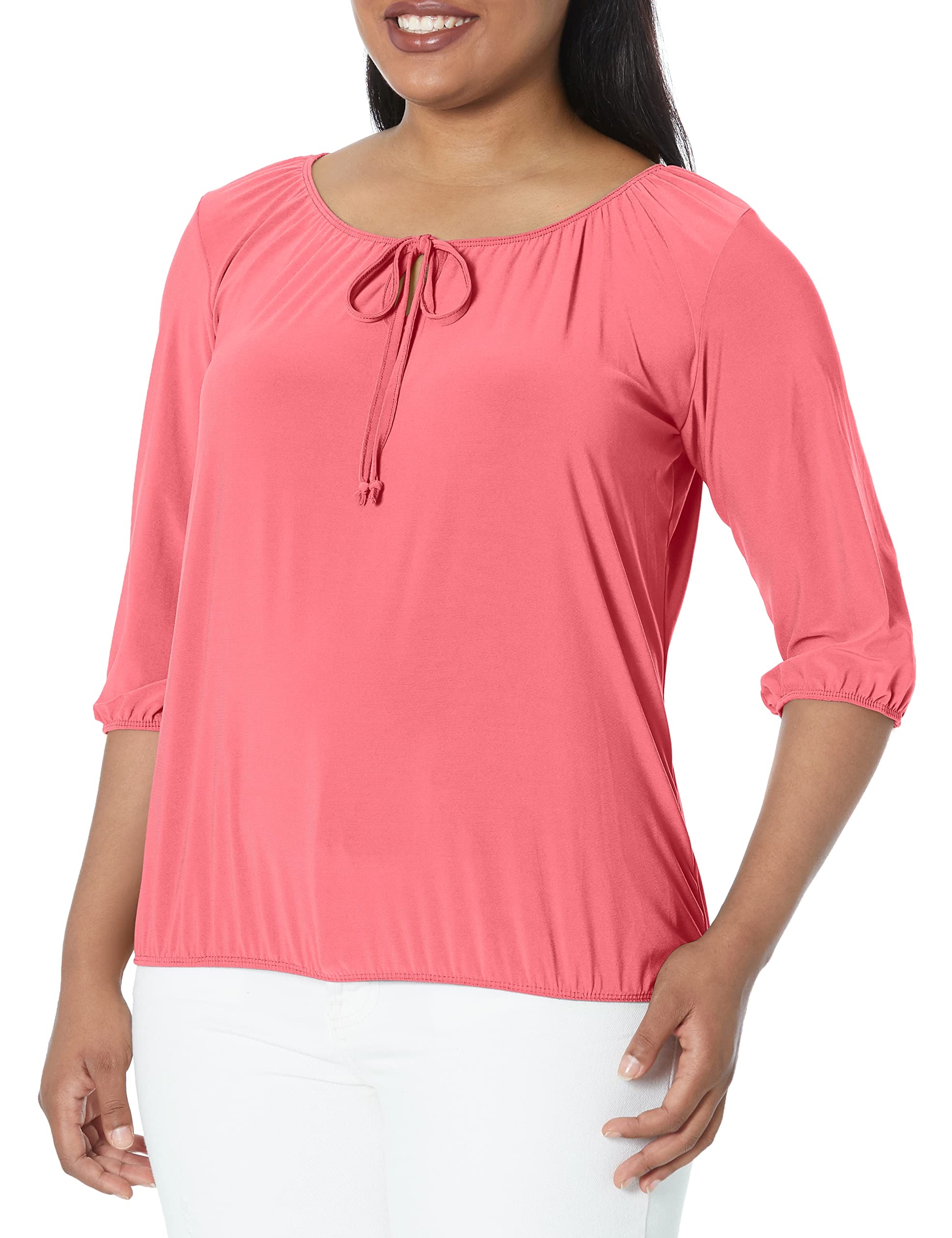 Star Vixen Women's Coral Red 3/4 Sleeve, Front Tie Peasant Top 3/4 Sleeves Blouse - Orange - Small Petite
