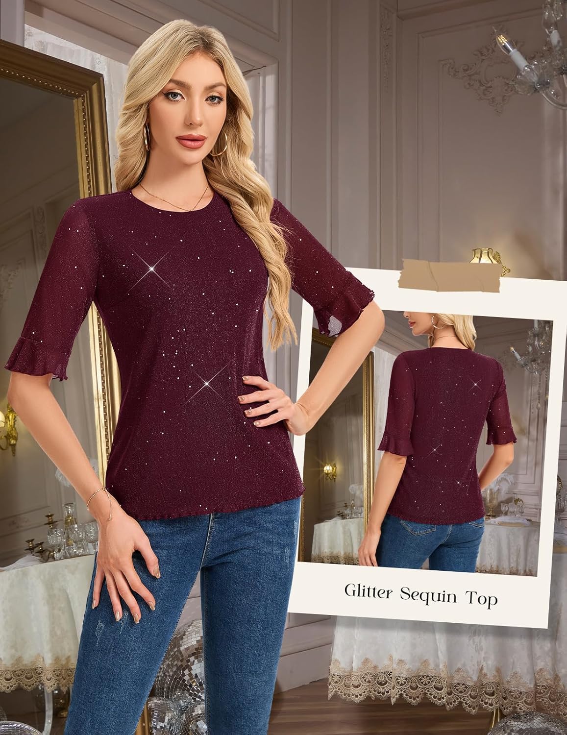 HomRain Womens Ruffle 3/4 Sleeve Sparkle Top Blouses Casual Shirts Crew Neck Glitter Night Out Tops for Elegant Evening - Image 3