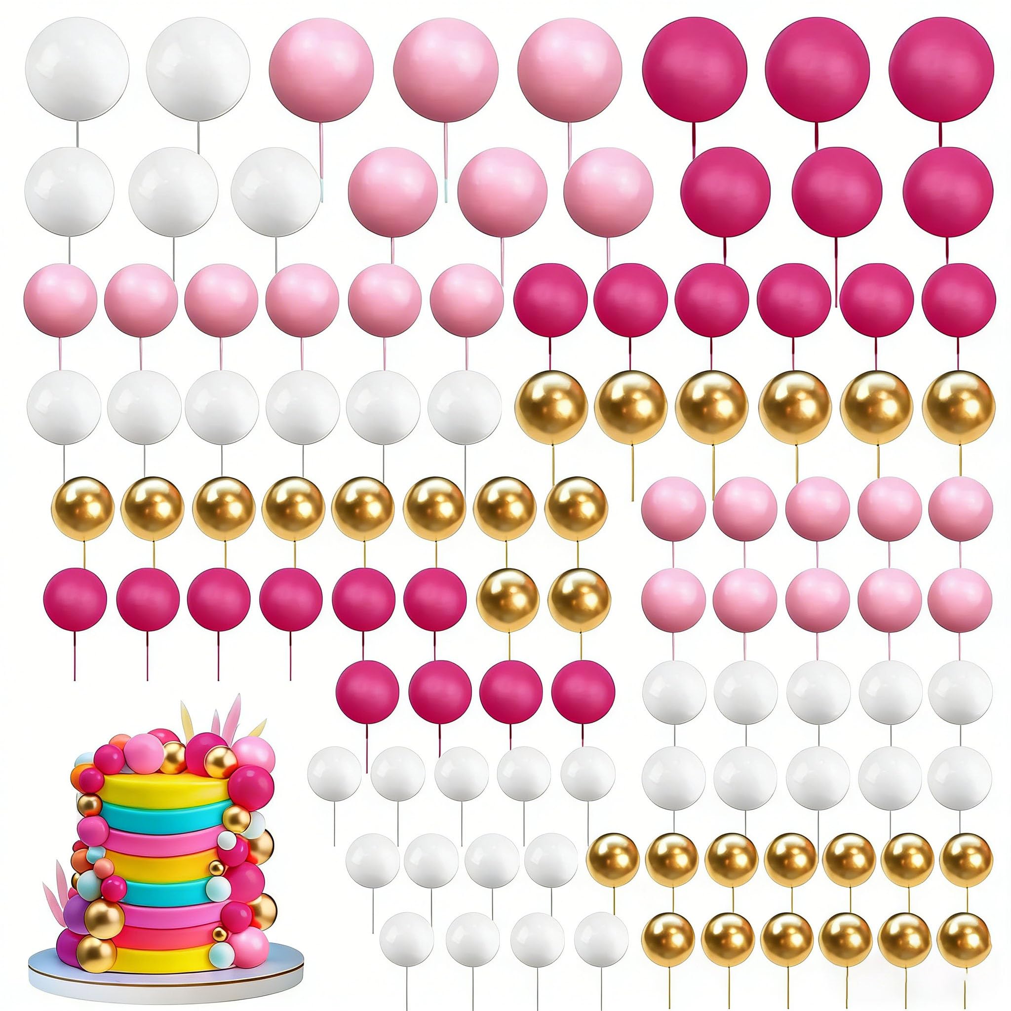 Ball Cake Topper Decorations 113 Pcs, Foam Round Ball Cake Toppers with Sticks in Rose Red Pink White Gold, Mini Balloons Cake Decorating Supplies for Wedding Birthday Party Cake Accessories