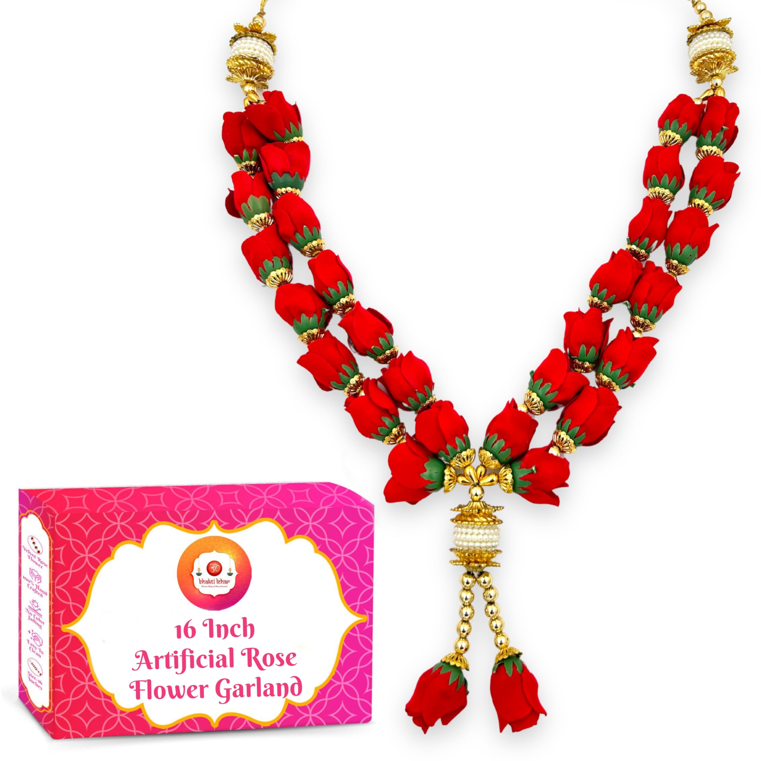 Bhakti Lehar Artificial Double Layer Velvet Rose Flower Mala Garland for Photo Frame/Heavy Pearl Moti Gulab Mala Haar for God Idol (16 Inch)