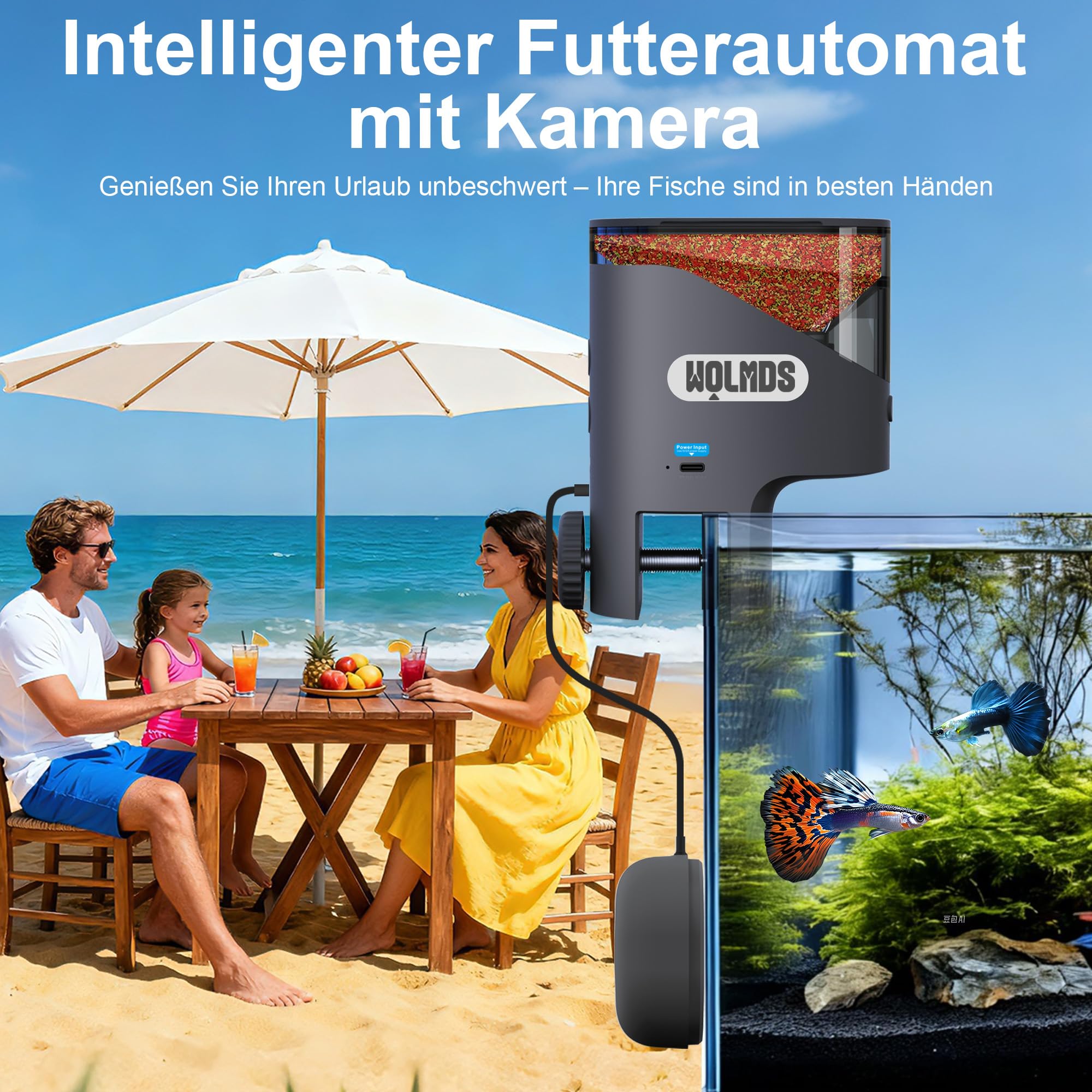 WiFi Futterautomat Aquarium mit 2,5K Kamera, 2,4/5G Smart App, 0,2g Präzision für Flockenfutter, 200ML Feuchtigkeitsschutz, Sicherer Automatischer Fischfutterautomat für Urlaub & Alltag