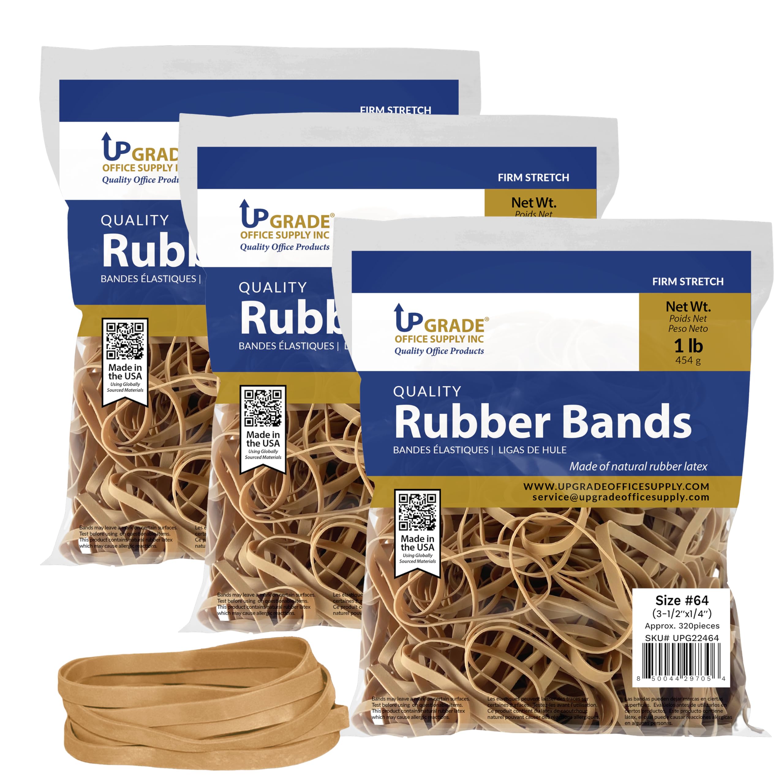 Upgrade Office Supply Rubber Bands, Size 64 (3-1/2 x 1/4), 1 lb Bag, 3-Pack, USA