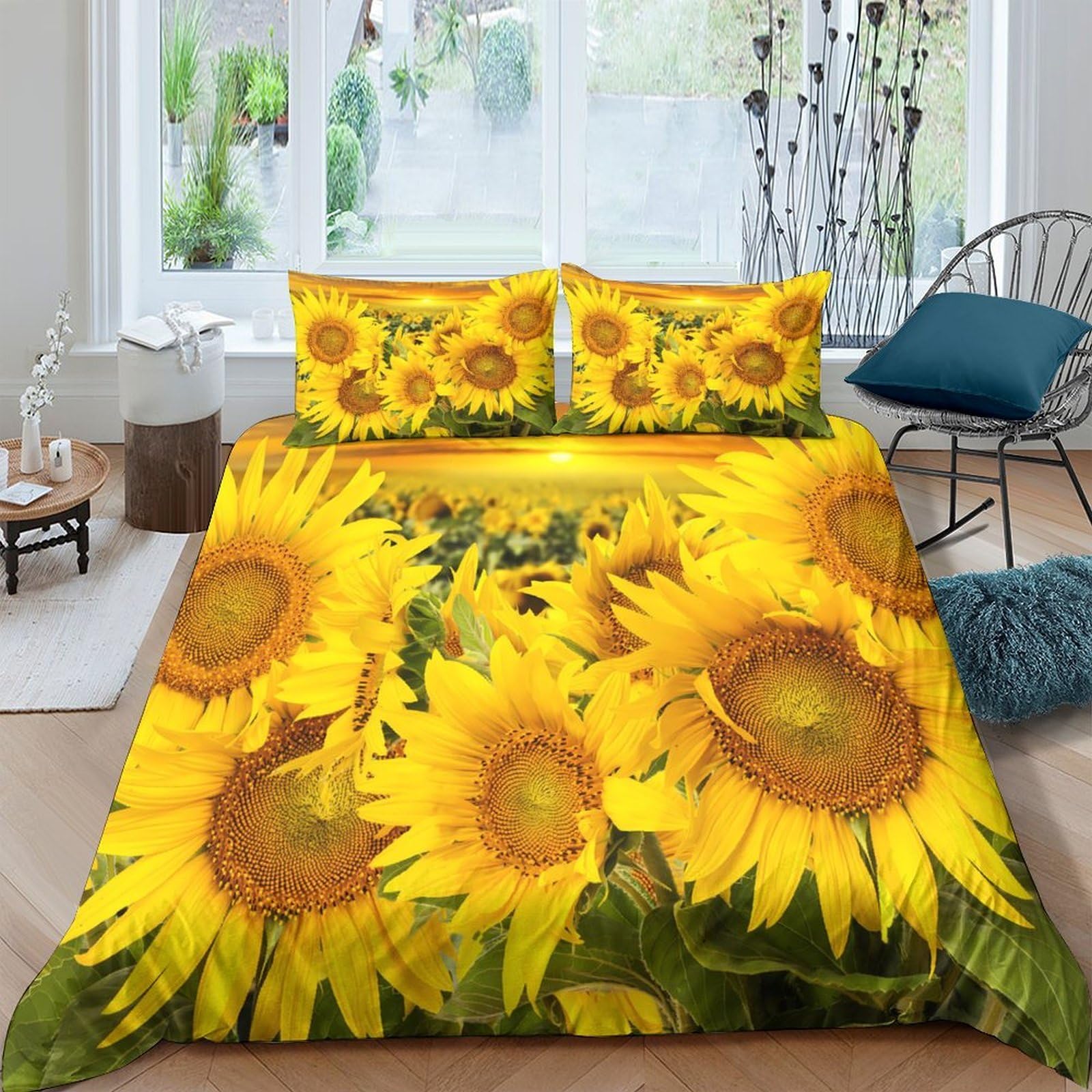 Ctjqhvkz Style-10 3D Printed Sunflower Field Fitted Sheet Microfiber Soft Yellow Floral Mattress Cover For Bedroom Guest Room Easy Care Single（135X200cm）
