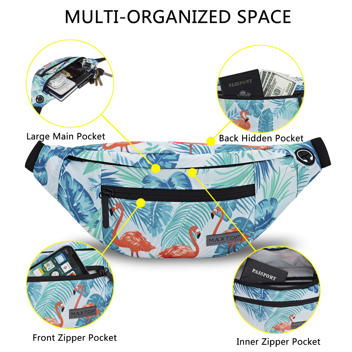 MAXTOP Marsupio grande per donna e uomo, marsupio con attacco per cuffie e 4 tasche con zip, cintura regolabile per ciclismo, corsa, jogging, viaggio, outdoor, allenamento