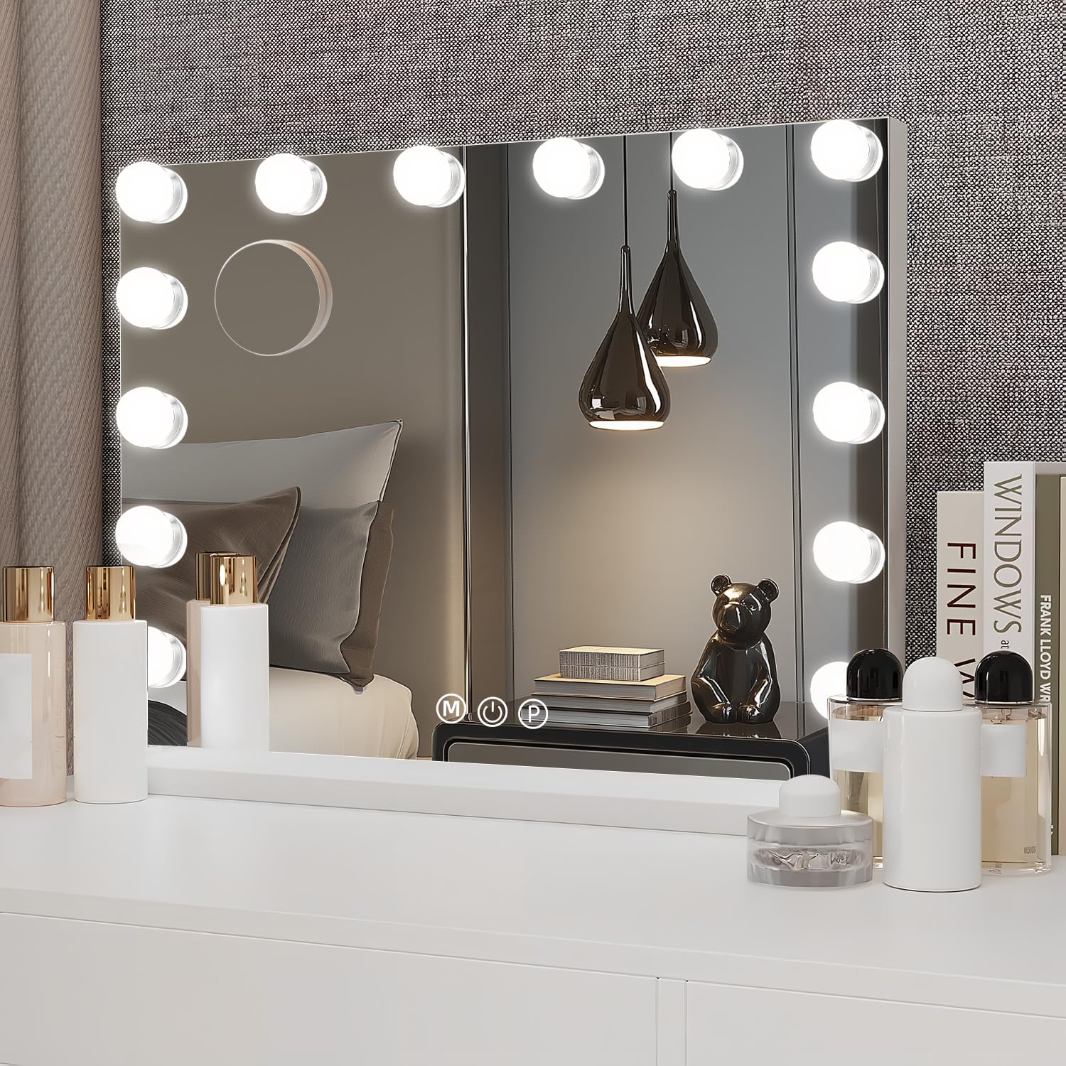 Genérico Hollywood Espejo Maquillaje con Luz 50x40cm, Espejo Pared con USB Puerto de Carga, 14 Bombillas LED y 3 Modos de Iluminación Ajustables, Aumento 10X Espejo Grande