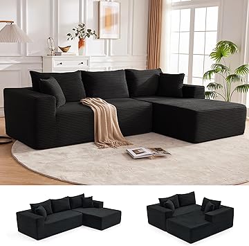 110” Cloud Sectional Couch, Boneless Sofa for Living Room, Modular Sectional Sofa with Deep Seat, Comfy Fluffy Couch with L-Shaped Chaise, No Assembly Required (Right-Facing Chaise, Black)