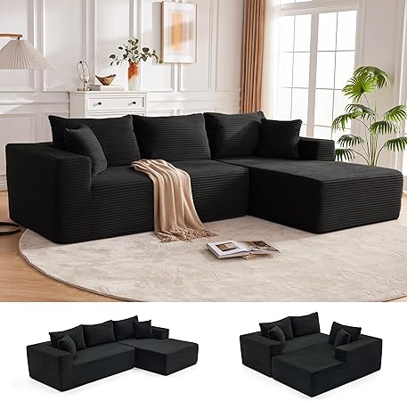 110” Cloud Sectional Couch, Boneless Sofa for Living Room, Modular Sectional Sofa with Deep Seat, Comfy Fluffy Couch with L-Shaped Chaise, No Assembly Required (Right-Facing Chaise, Black)