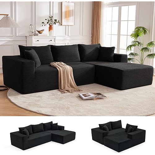 110” Cloud Sectional Couch, Boneless Sofa for Living Room, Modular Sectional Sofa with Deep Seat, Comfy Fluffy Couch with L-Shaped Chaise, No Assembly Required (Right-Facing Chaise, Black)