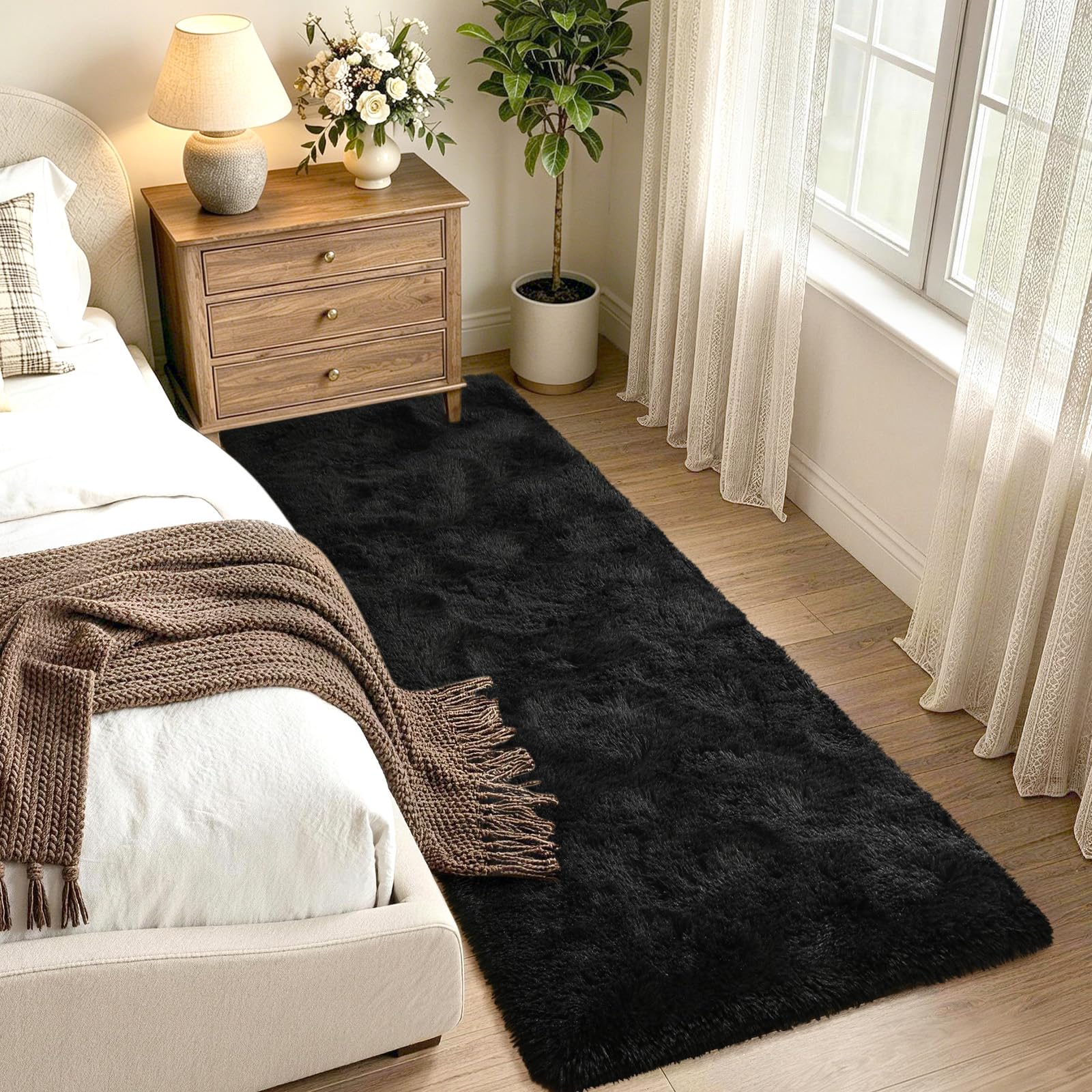 Best Bedroom Runner Rugs for 2026 3 Noahas 2x6 Black Fluffy Soft Runner Rug Non-Slip for Bedroom Dorm Hallway — product photo