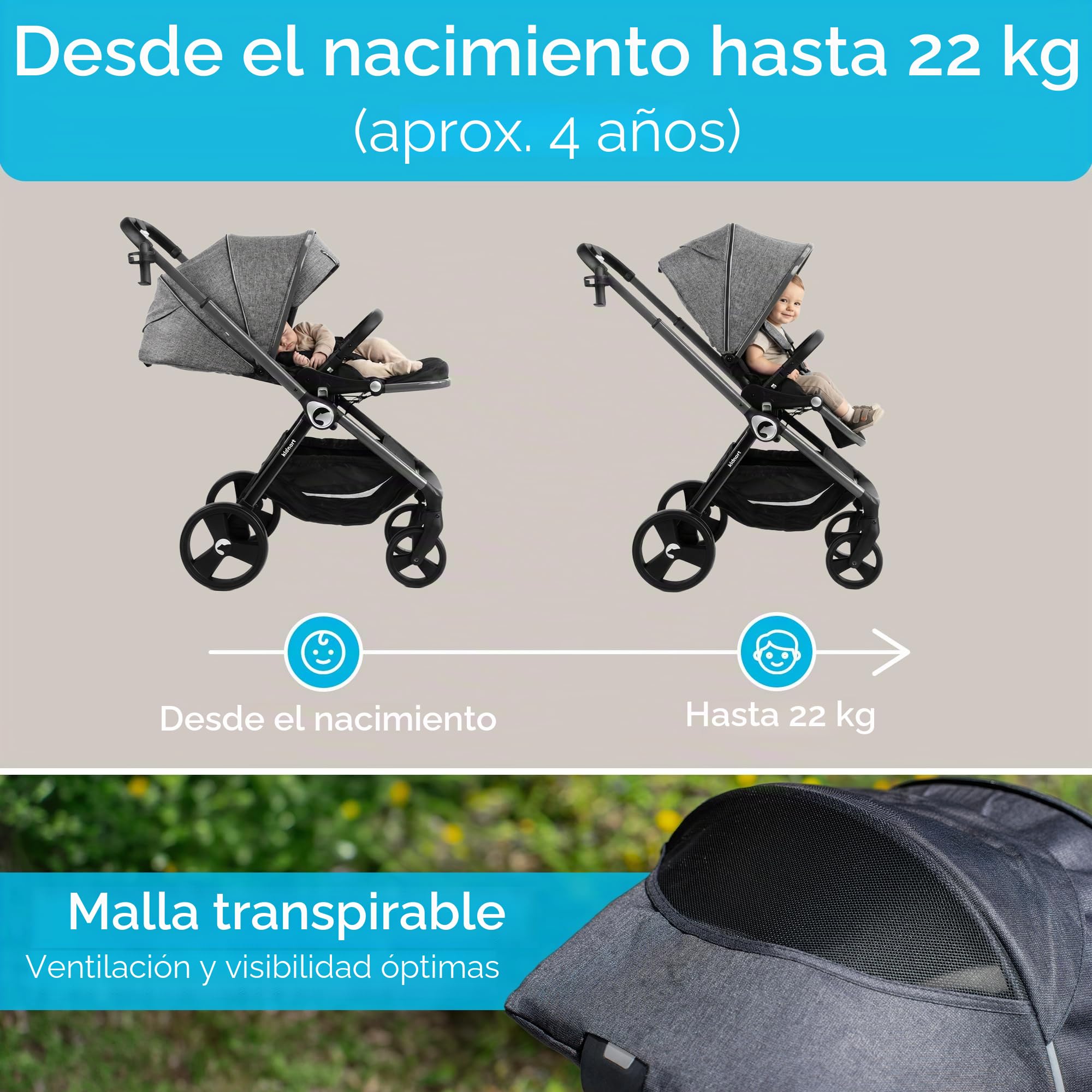 Silla de paseo ajustable hasta 22 kg, color gris