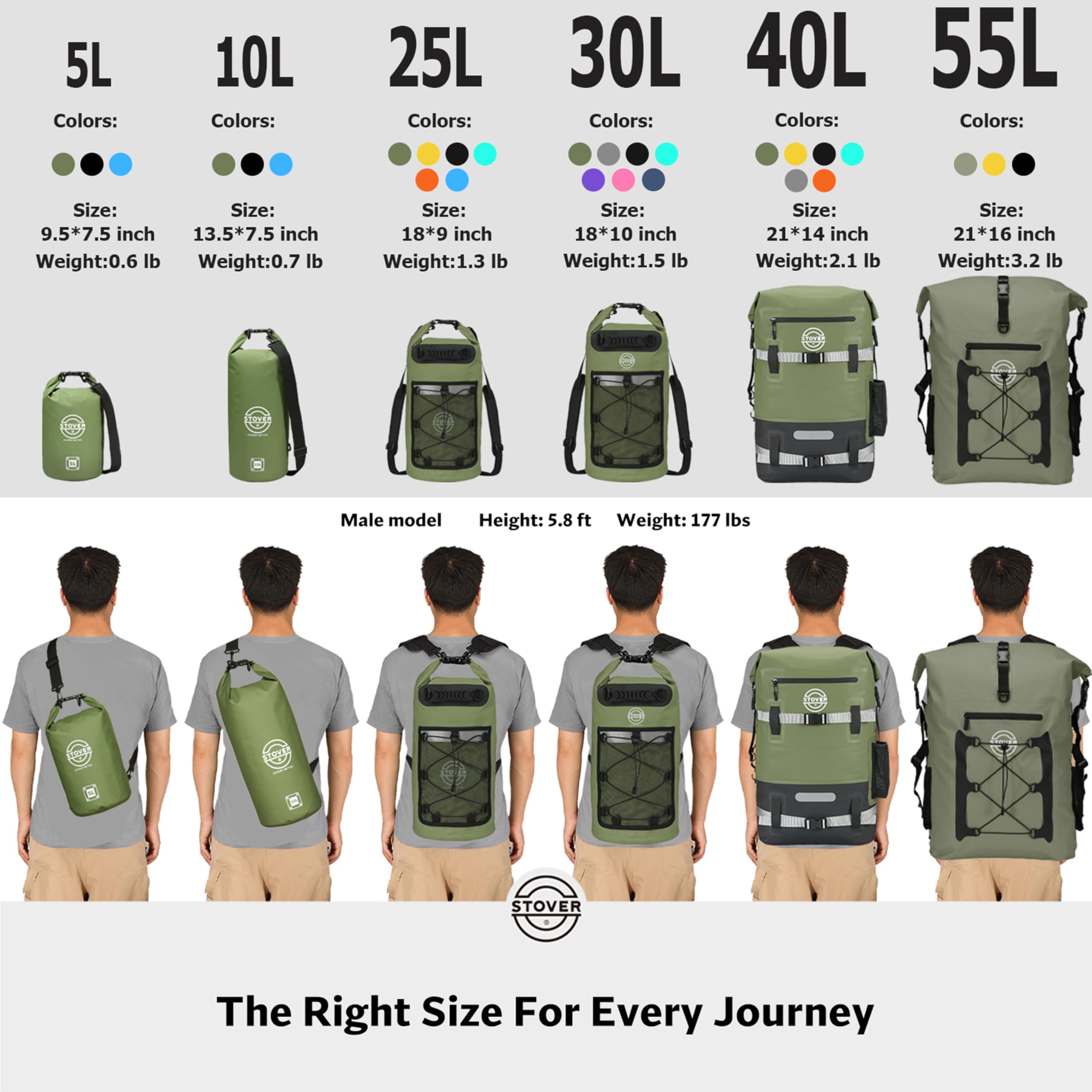 STOVER 5/10/25/30/40/55L Waterproof Dry Bag- Roll-Top Backpack w/Phone Case- Kayaking, Hiking, Camping, Boating- Men/Women