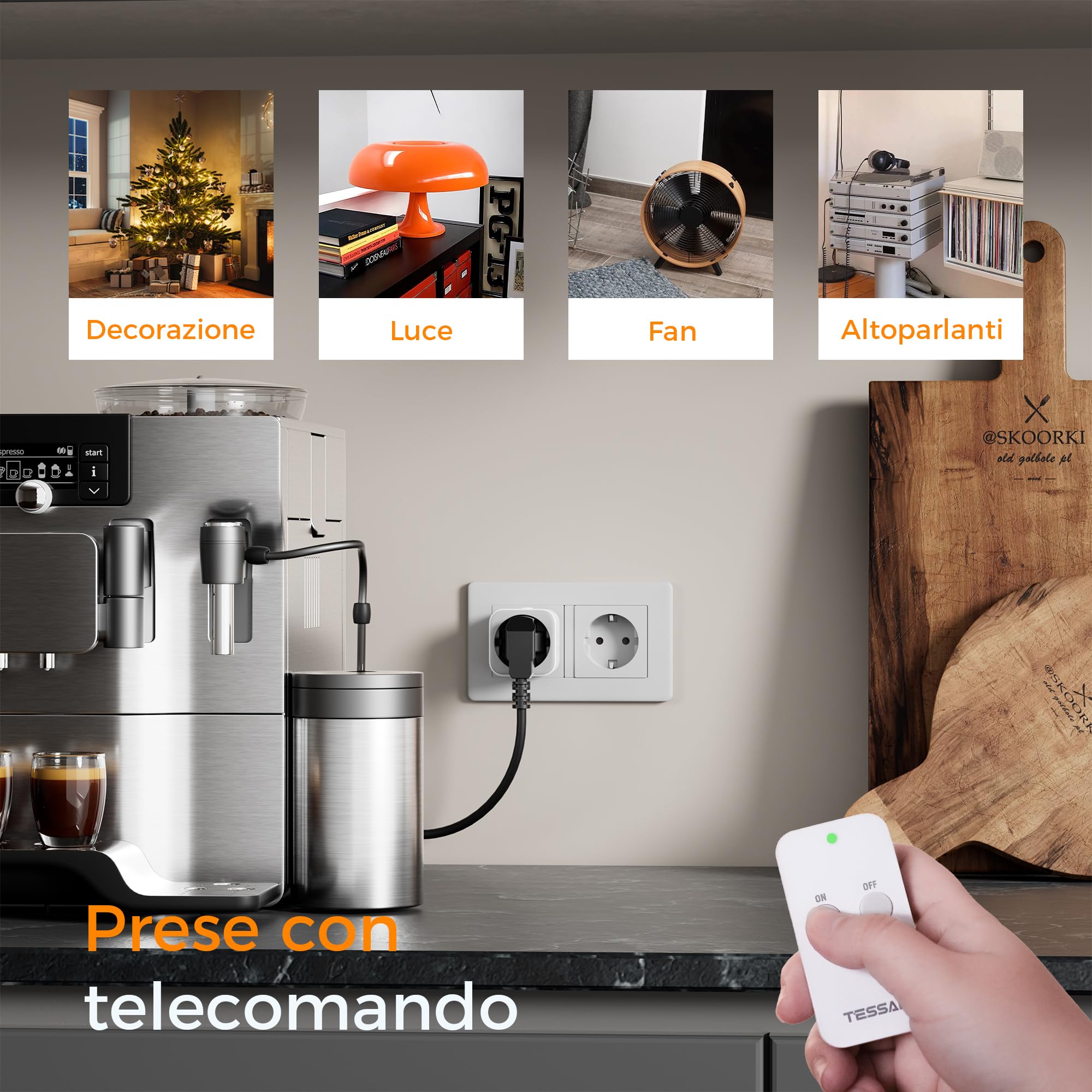 TESSAN Kit de Enchufes Inalámbricos, Enchufe con Mando a Distancia, Rango de Operación 30,5M para Adornos Navideños, Electrodomésticos y Lámparas, 2300 W, Blanco