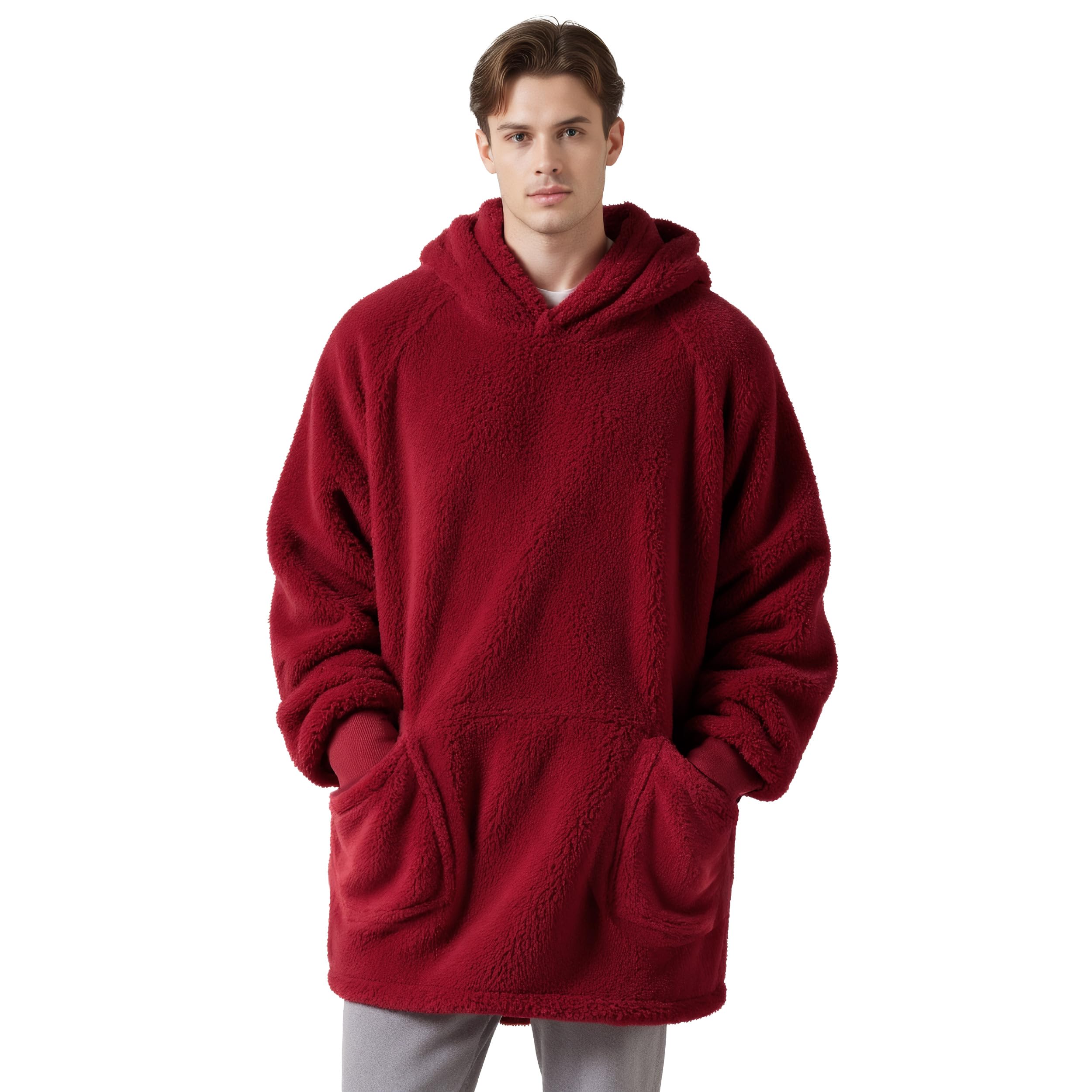 Bedsure Wearable Blanket Hoodie Gifts for Women - Cozy Sherpa Hoodie Blanket for Adult Men, Oversized Warm Hooded Sweatshirt, Dark Red