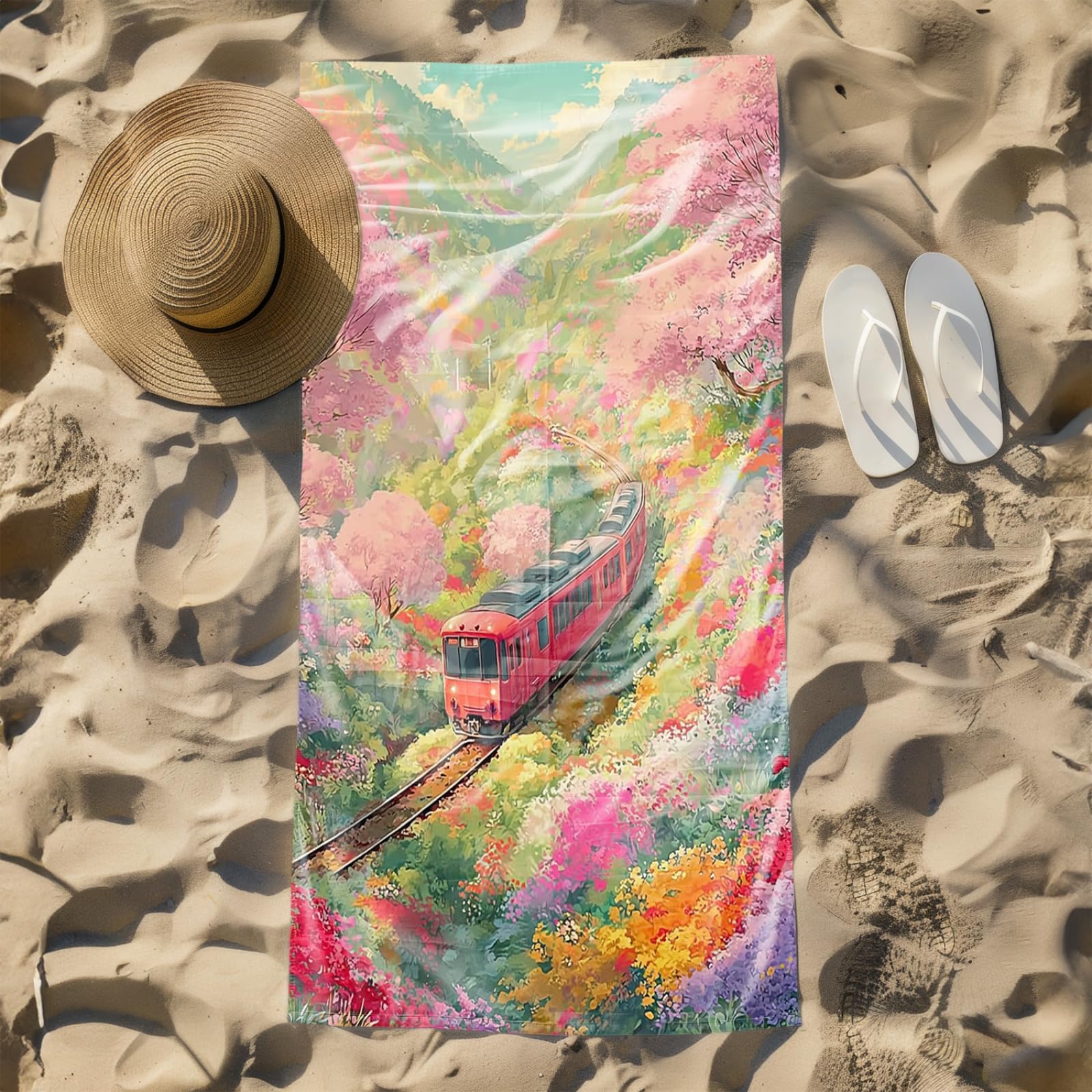 Tapis de Plage XXL Anti Sable Train, Rouge Serviette Piscine Adulte,Natte De Plage Pliable, Voyage Accessoires De Plage Camping,Serviette de Bain Personnalisée