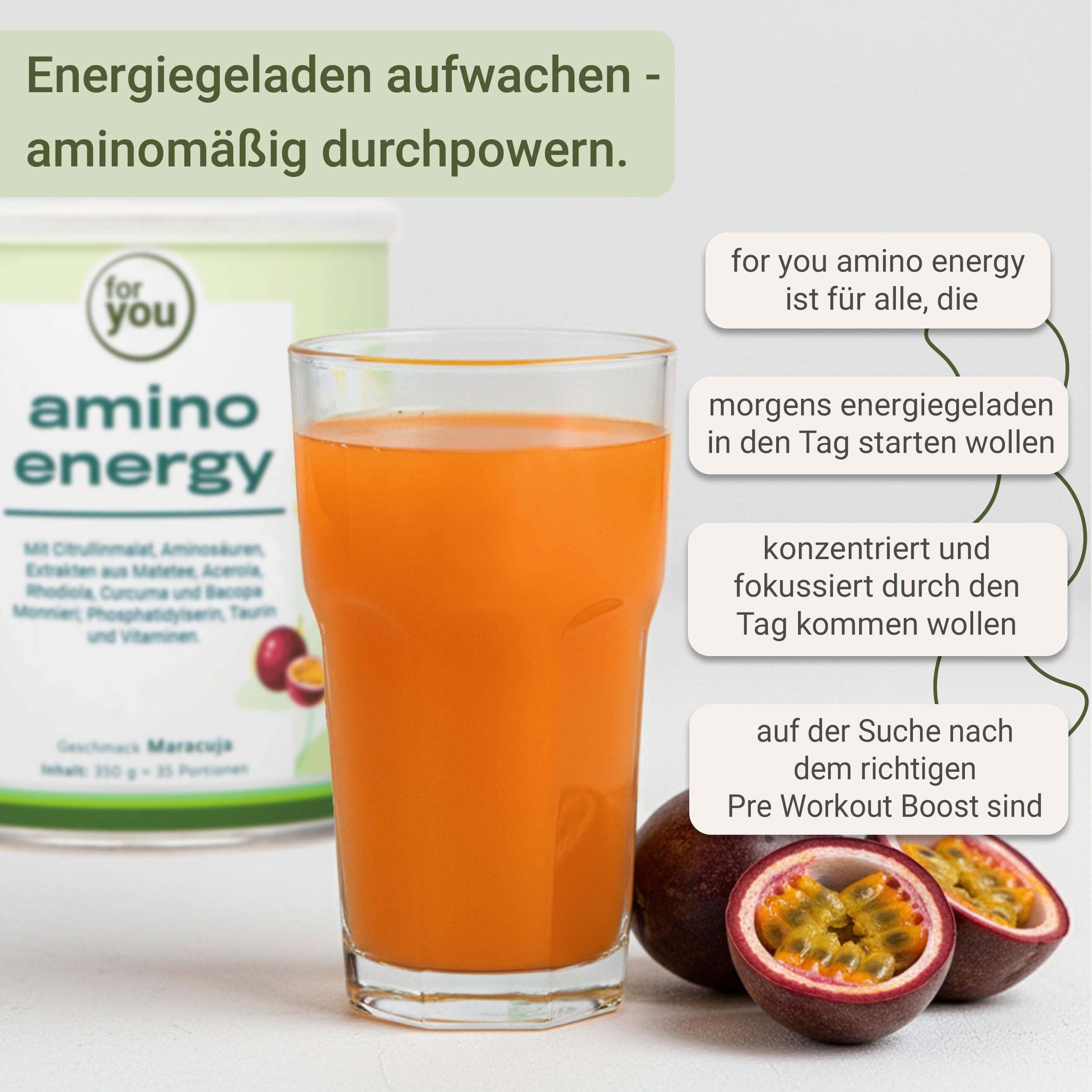 for you amino energy Maracuja - Pre-Workout-Booster - 350g Aminosäuren Pulver mit Citrullin Malat, Dextrin, L-Tyrosin, Taurin, Koffein aus Mate-Tee Extrakt - für mehr Energie Konzentration