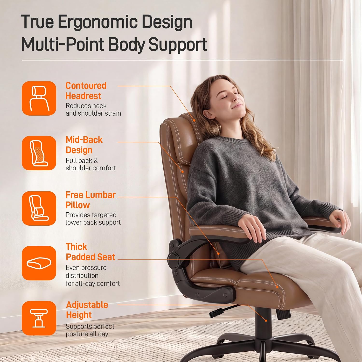 Office Chair, Executive Mid-Back Computer Desk Chair with Flip-up Armrests | 300 Lbs Ergonomic Leather Swivel PC Chair with Rock Function for Working Studying (Brown) thumbnail