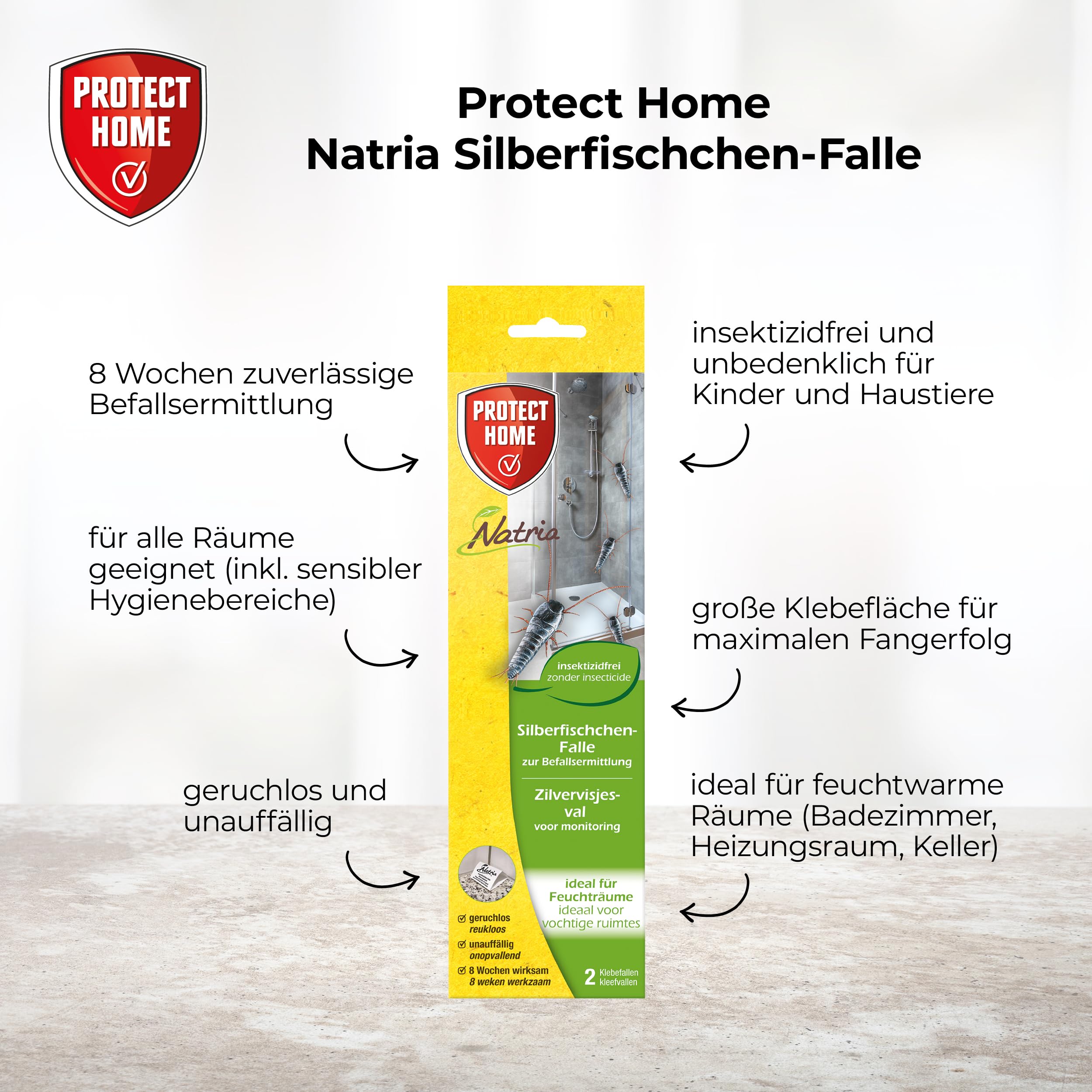 PROTECT HOME Natria Silberfischchen-Falle, insektizidfreie Klebefalle zur Ungezieferabwehr, 2 Stück, Gelb (Packung mit 5)