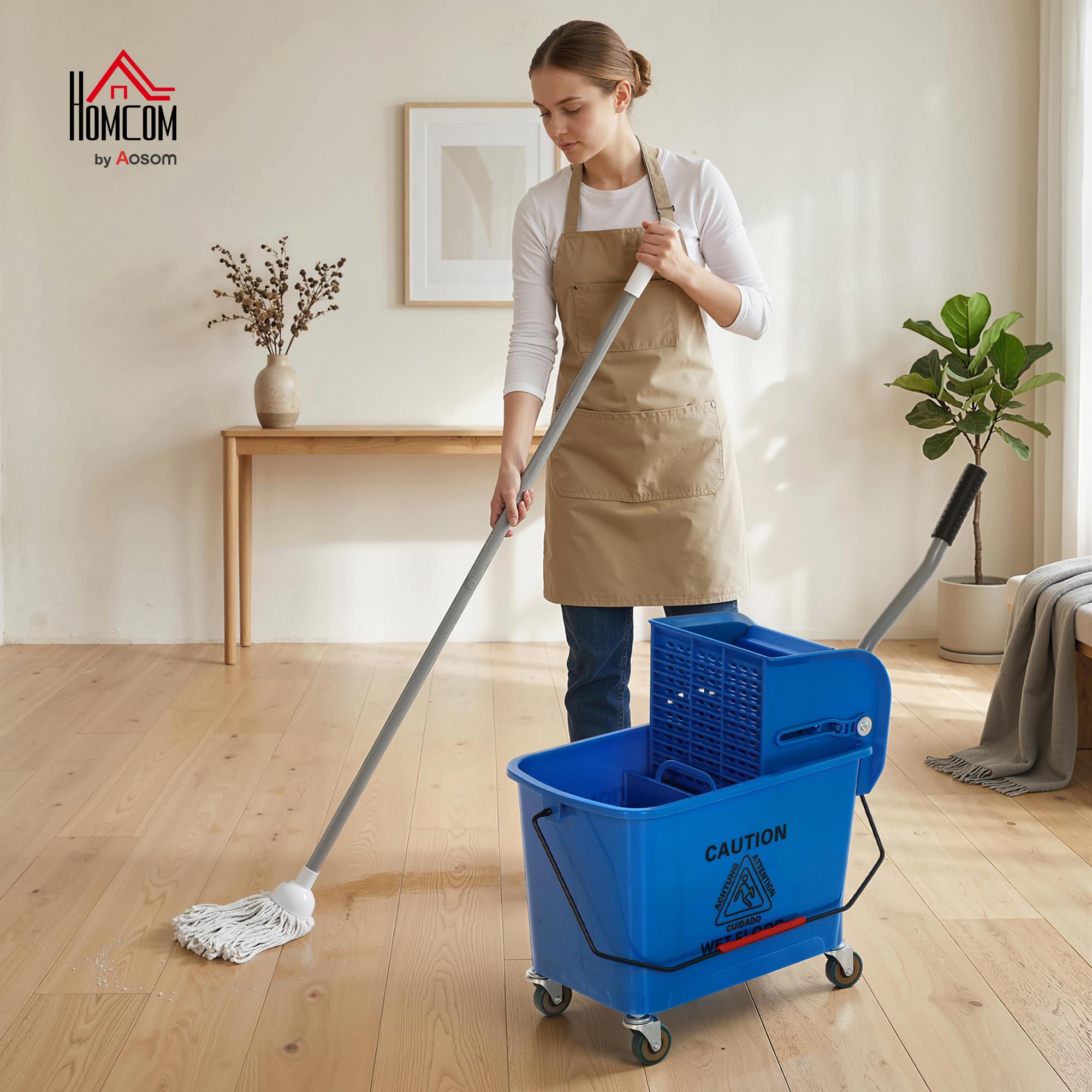 HOMCOM Cubo de Fregona con Ruedas Capacidad de 20 L Cubo de Fregar con Sistema de Escurridor Mopa y Asa de Transporte para Doméstico y Comercial Azul