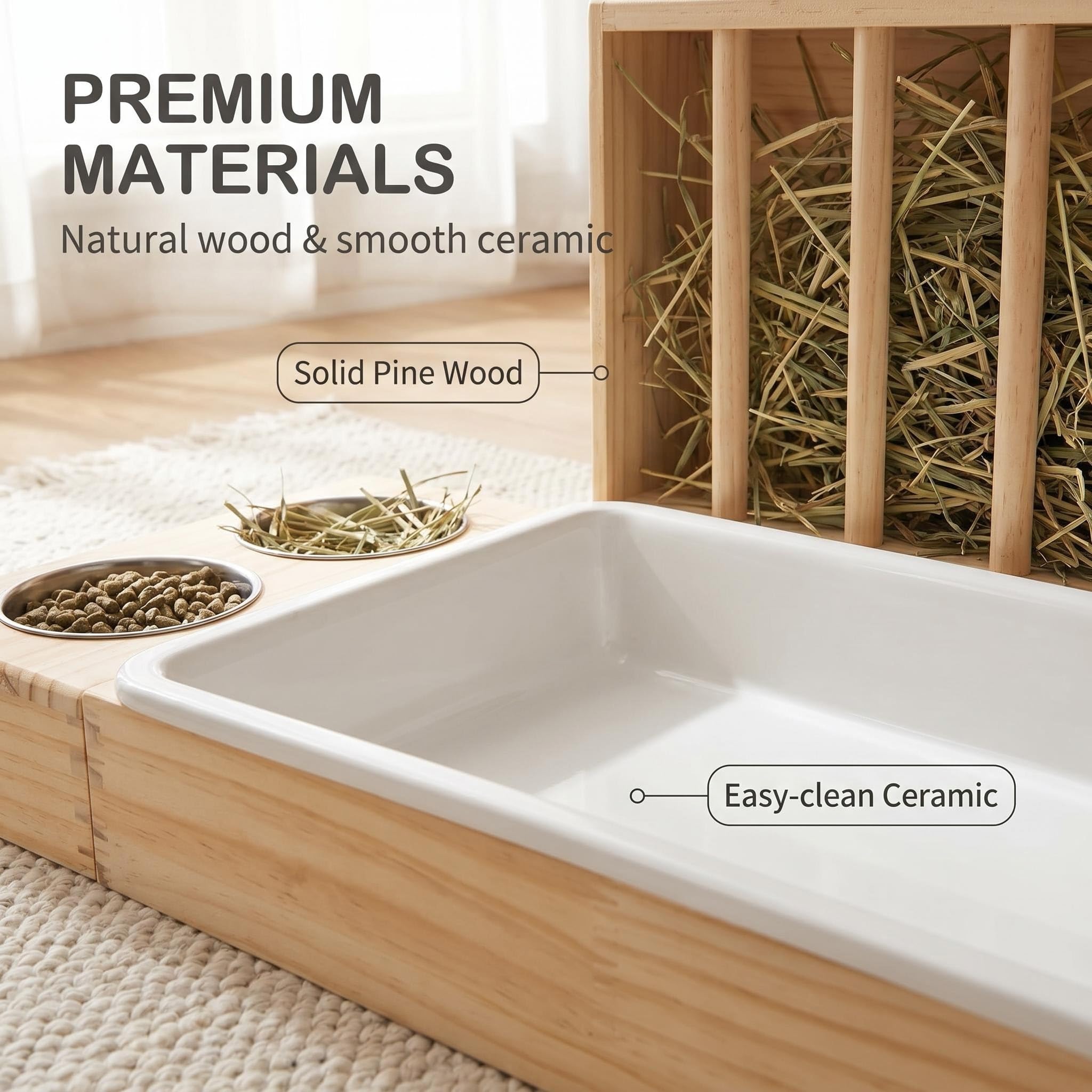 Caja de Arena para Conejos 3 en 1 de Madera con comedero de heno y Dos Cuencos de Acero Inoxidable, estación de alimentación Desmontable para cobayas, Conejos Enanos, hámsters, Chinchillas, Accesorio