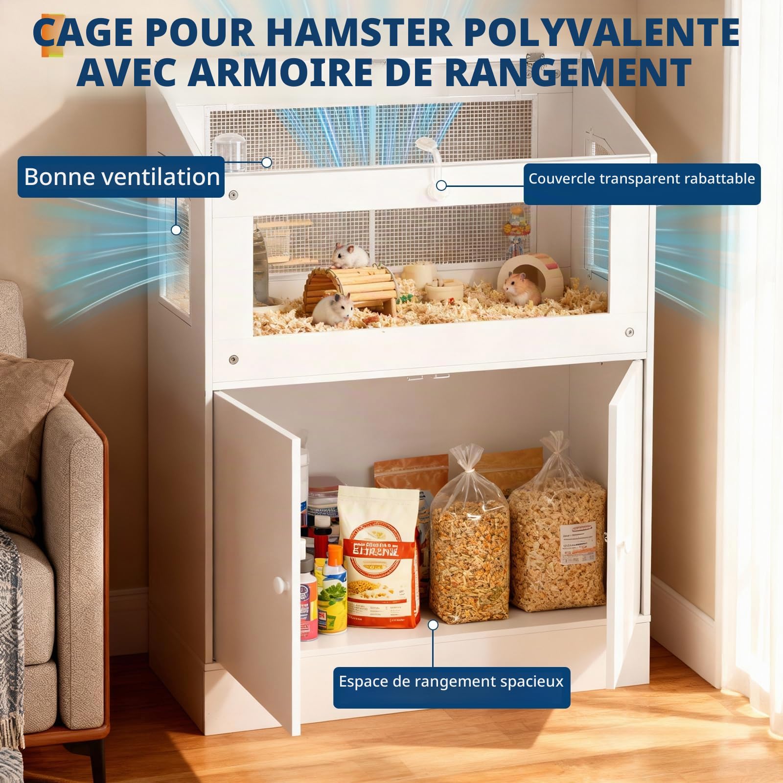Garvee Grand Cage aérée pour Petits Animaux – Habitat avec Armoire de Rangement et Panneaux en Acrylique Transparent – Idéale pour Hamster, Cochon d’Inde, hérisson, Gerbille – Nettoyage aisé