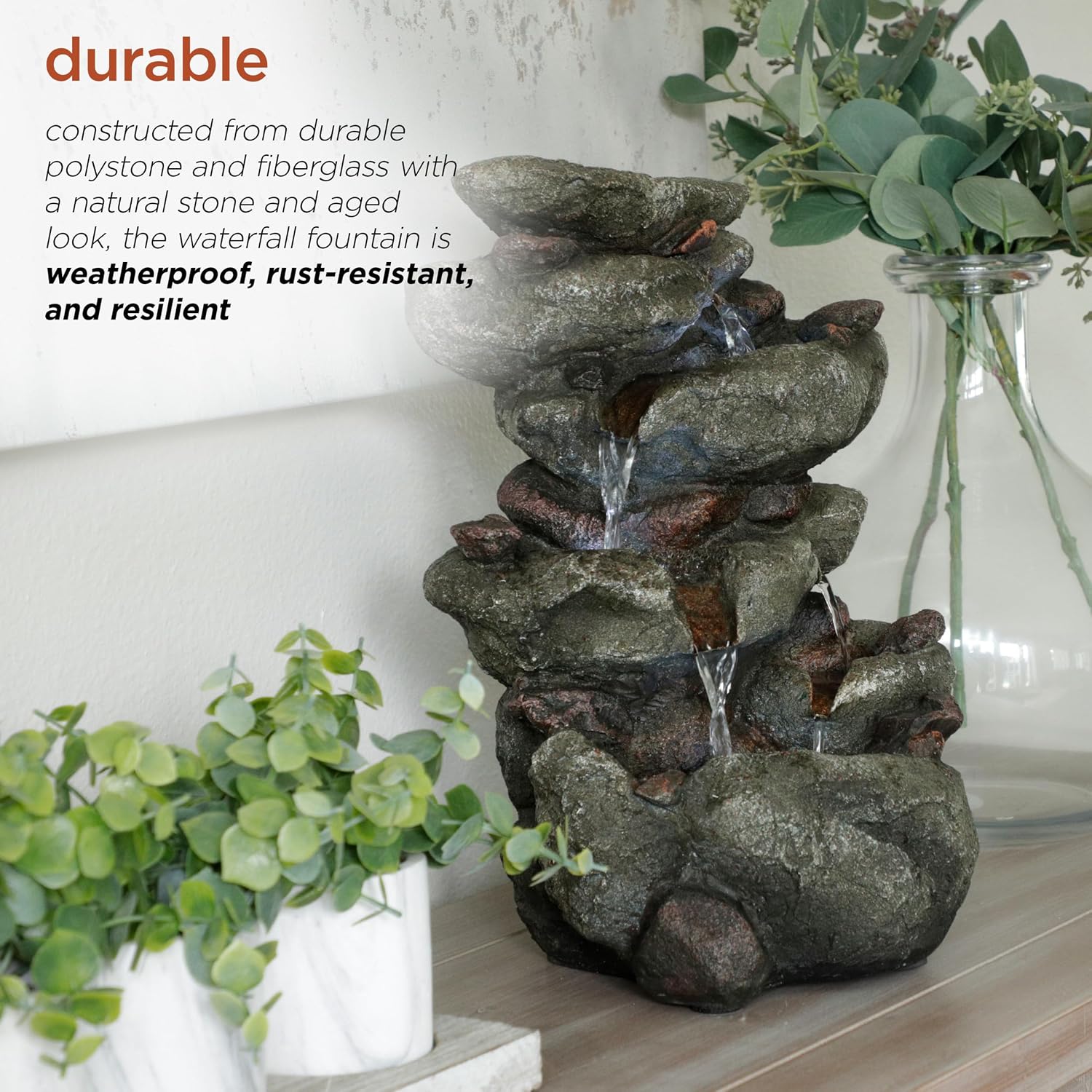 Alpine Corporation TZL154 14" Indoor Tabletop Rainforest Rock Water Fountain with LED Lights, Tiered Desktop Fountain for Home and Office Décor, Gray