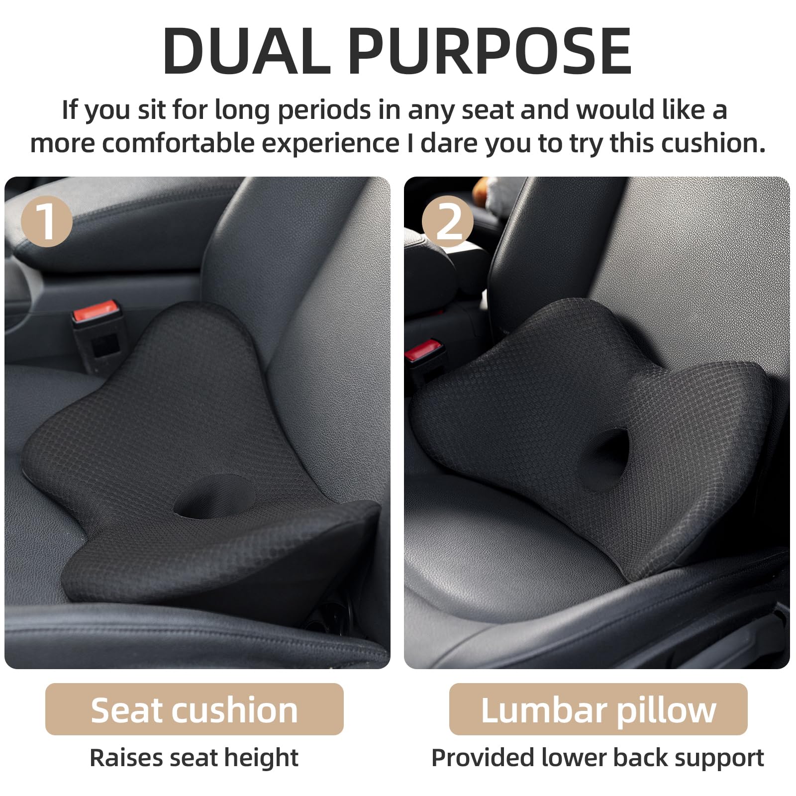 2 en 1 cojín de Asiento de Coche con Forma de cuña, Espuma viscoelástica para Coche, ortopédico, Alivio del Dolor, Mejora al Sentarse