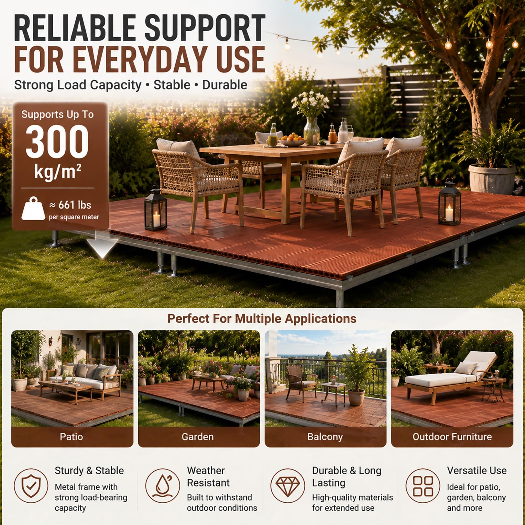 Piattaforma Modulare Rialzata da Patio, Pavimento Modulare in Composito | 84 x 84 cm, Superficie Antiscivolo, Piastrelle Impermeabili per Balcone, Patio e Portico