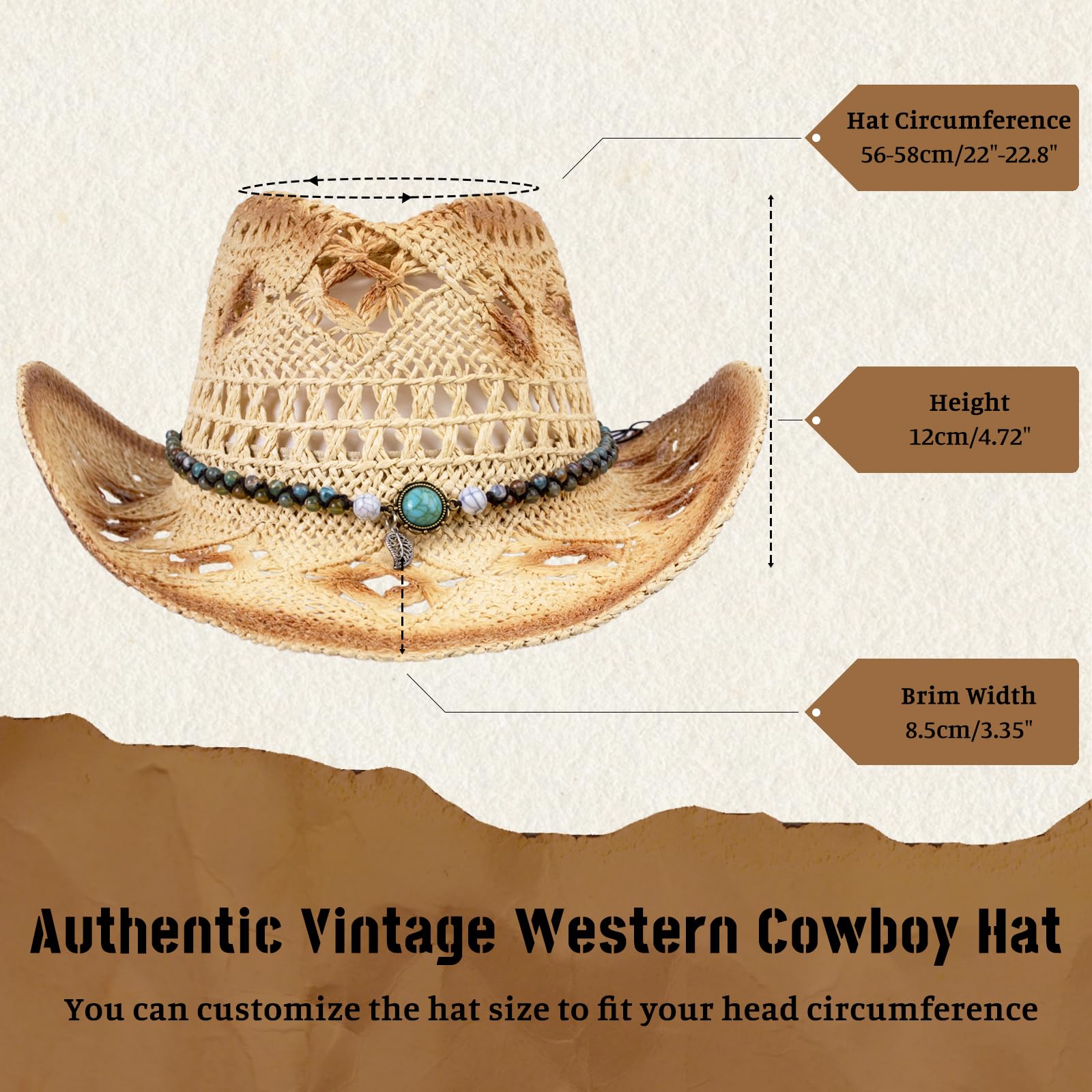JremPan Cowboy Hat Straw Cowboy Hats for Women Men Beige Coastal Cowgirl Hat with Shapeable Brim Summer Country Woven Hats with Two Decorative Bands for Beach and Outdoor Activities