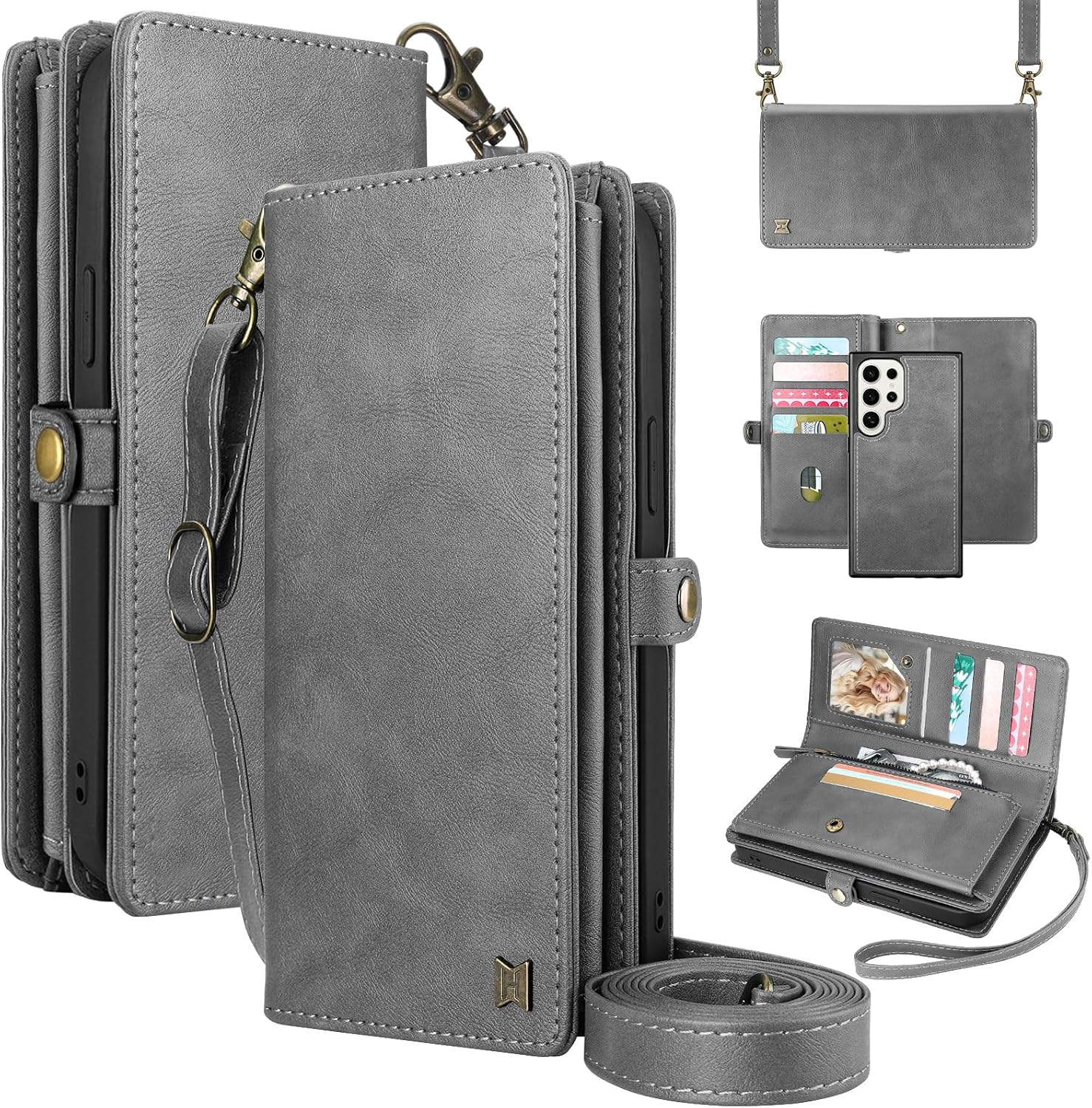 for Wallet Case Compatible with Samsumg Galaxy S24 Ultra Multi-Function Detachable 2 in 1 Magnetic Phone Case Wallet,Flip Strap Zipper Card Holder Phone Case with Shoulder Straps(Grey)