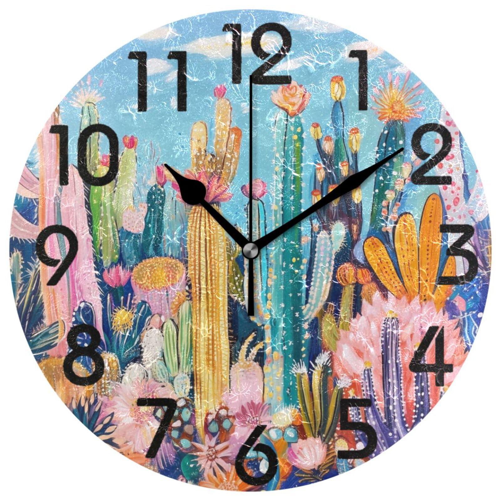 ZzWwR Large 10 Inch Decor Round Wall Clock, Exotic Colors Blooming Cactus Watercolor Battery Operated Analog Quiet Non Ticking Desk Clock for Home/Kitchen/Living Room/Bedroom/Bathroom/Office