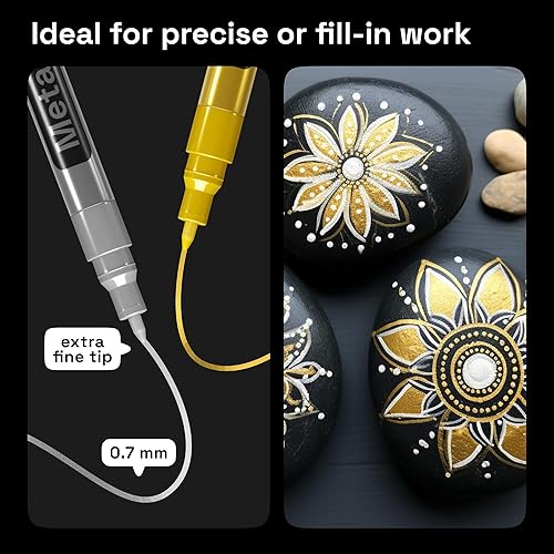 Vista 4 de Bolígrafos metálicos dorados y plateados para pintura de rocas, piedra, cerámica, vidrio, madera, metal, tela, lienzo. Juego de 6 marcadores