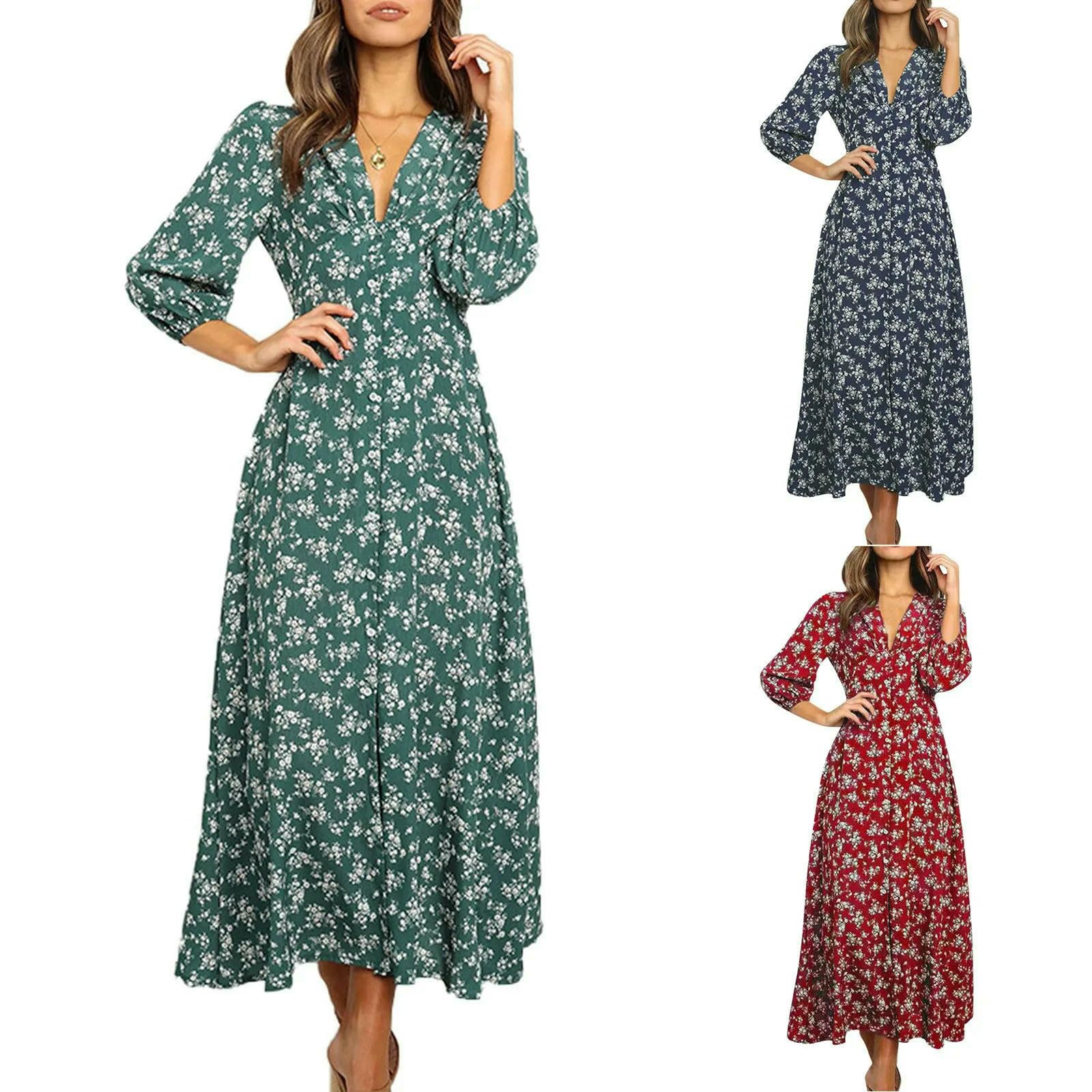 Vestito Donna Rosso Fiore Bohemian Maxi Abito, V-Collo Alta Vita 3 4 Manica, Abito Casual Fluente per La Spiaggia Estiva E Le Vacanze-Red-m