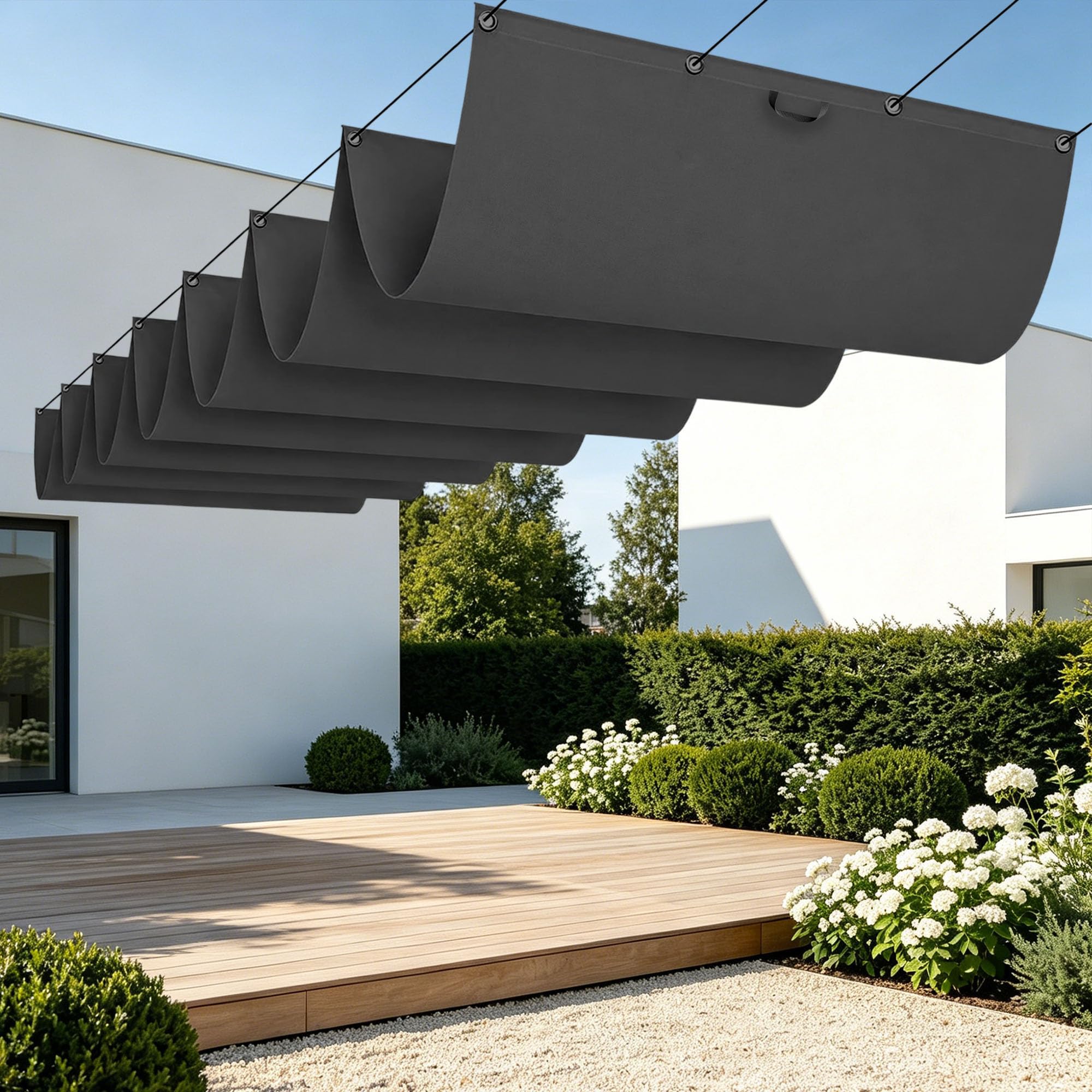Voile d'ombrage rétractable vague 200x400 cm gris foncé pour terrasse