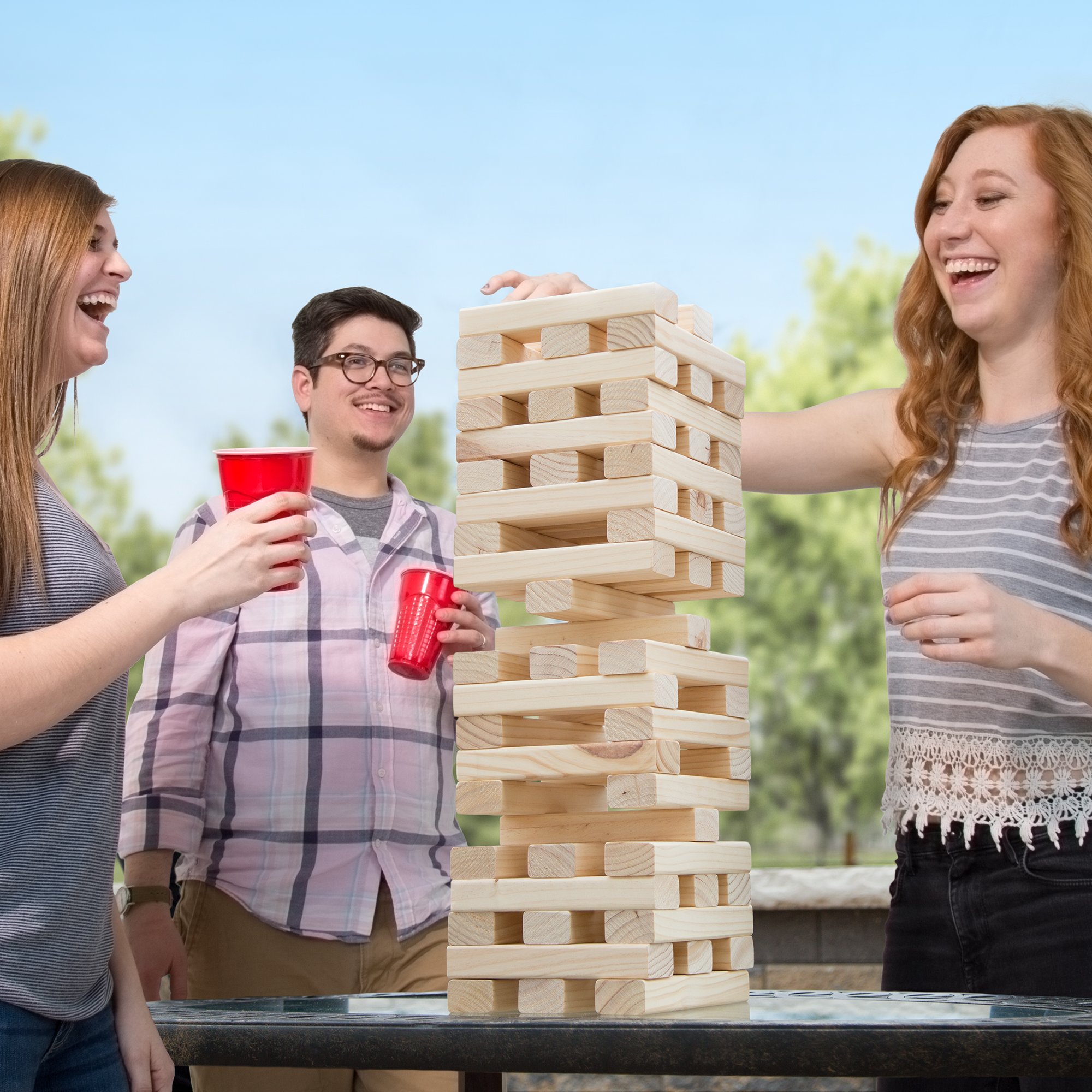 Hey! Play! Nontraditional Giant Wooden Blocks Tower Stacking Game, Outdoor Yard Game, for Adults, Kids, Boys and Girls