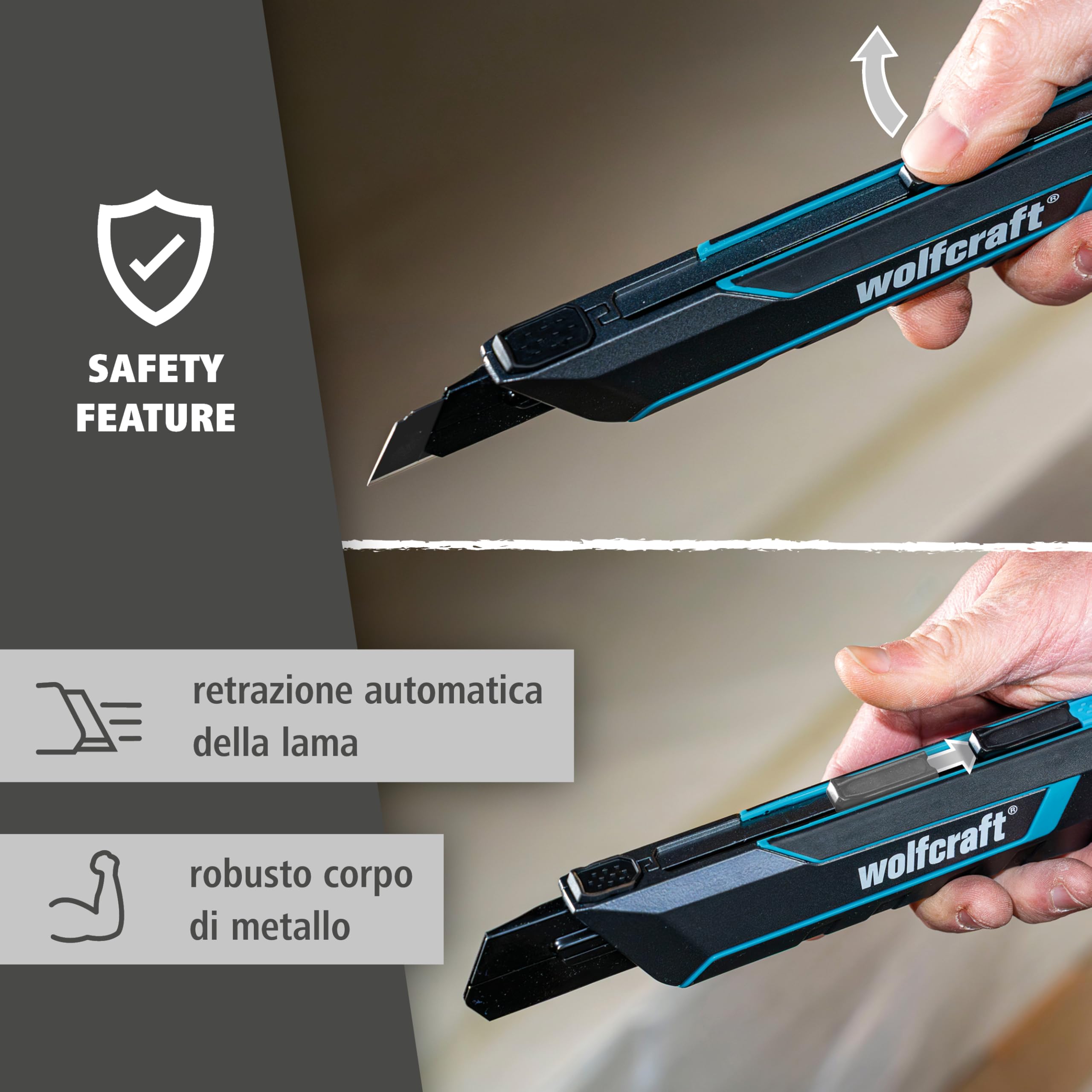wolfcraft Cutter con Lama a Spezzare PRO SAFETY 25 mm, Lama PRO SHARP Nera Ultra Affilata, Impugnatura Ergonomica per Destrorsi e Mancini – 4291000