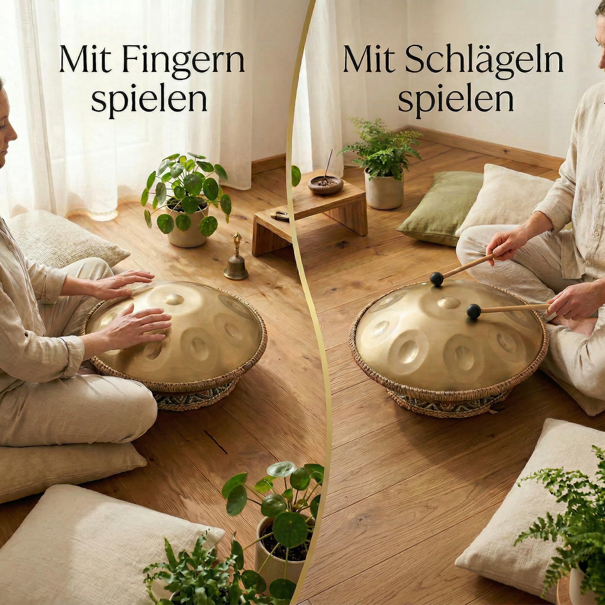 Handpan 22 Zoll 12 Töne D-Kurd 440Hz Gold Trommel Set für Meditation Yoga Klangheilung Legierter Stahl inkl Tasche Ständer Schlägel Reinigungstuch Notenaufkleber